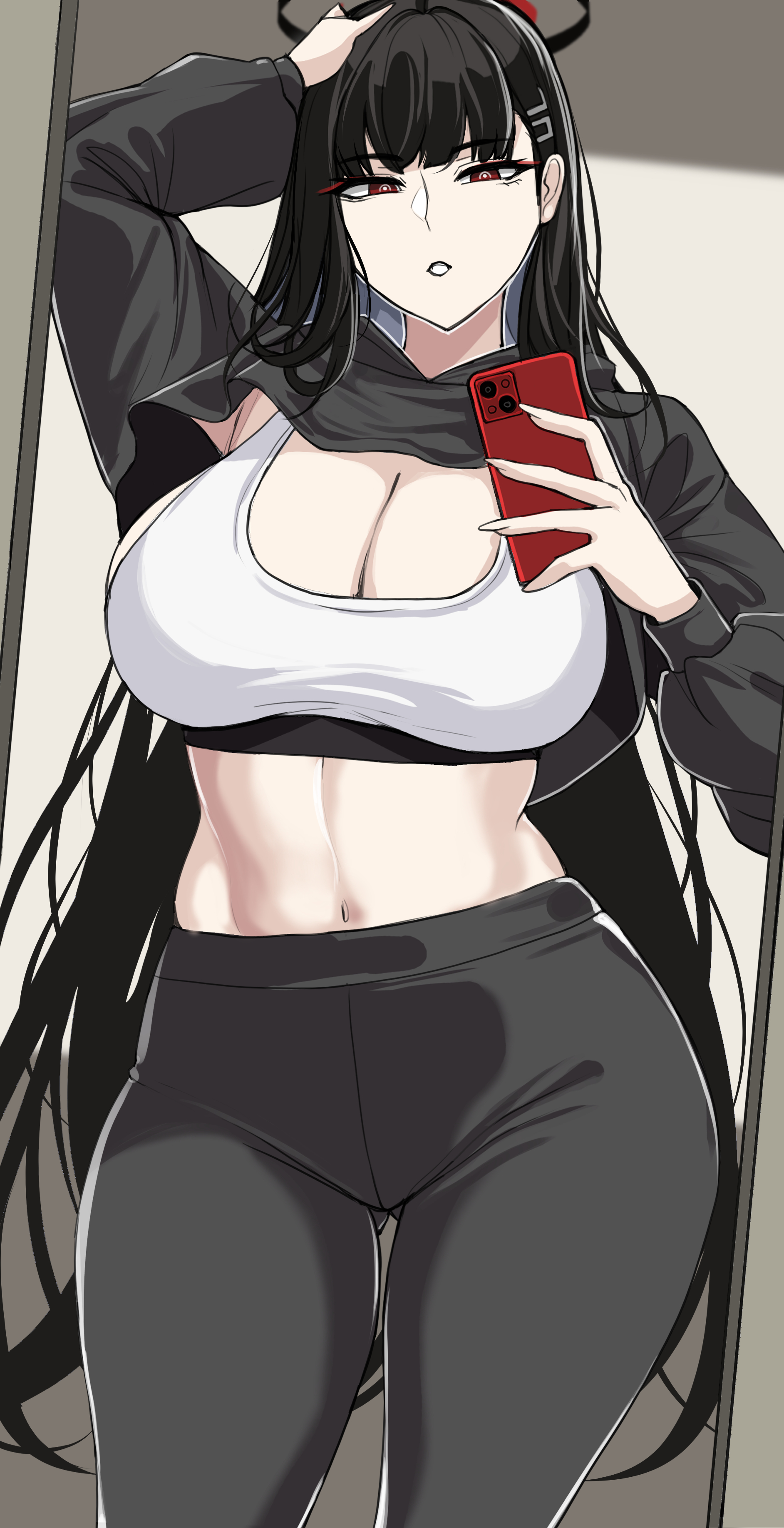 1girls, absurdres, big breasts, black hair, blue archive, breasts, drogod (artist), female, light skin, light-skinned female, long hair, millennium science school student, red eyes, rio (blue archive), selfie, seminar (blue archive), sports bra, tagme, thick thighs, voluptuous, yoga pants