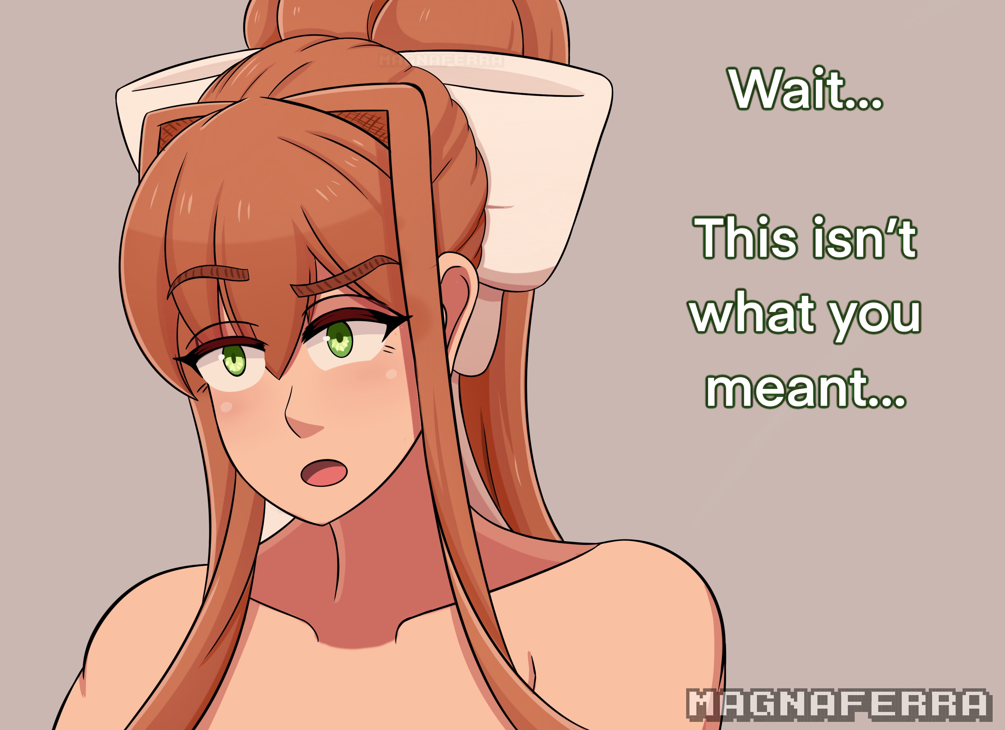 brown hair, dialogue, doki doki literature club, english text, futanari, green eyes, human, intersex, light skin, magna ferra, monika (doki doki literature club), multiple images, nude, self upload, text, upper body