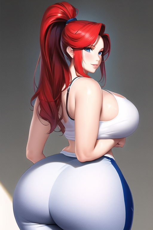 ai_generated blue_eyes curvaceous curvy curvy_figure gigantic_ass huge_ass huge_hips leggings looking_at_viewer nai_diffusion ponytail red_hair seductive_smile shiny_clothes shiny_hair shiny_skin stable_diffusion tank_top voluptuous white_leggings white_tank_top wide_hips