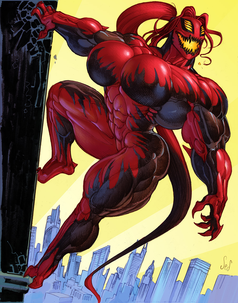 1girls abs big_breasts breasts envy_(symbiobro) female huge_breasts huge_muscles jed_dougherty monster_girl muscular muscular_female sharp_teeth symbiote