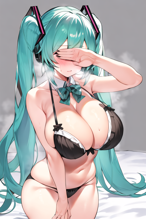 1girl, ai generated, alternate breast size, aqua hair, bangs, bare shoulders, black bra, black panties, blush, bow, bowtie, bra, breasts, cleavage, closed mouth, collarbone, covering face, covering own eyes, detached collar, female, hair ornament, hatsune miku, hidden eyes, huge breasts, large breasts, long hair, navel, panties, self upload, sitting, skindentation, solo, stomach, sweat, thighs, twintails, underwear, underwear only, very long hair, vocaloid
