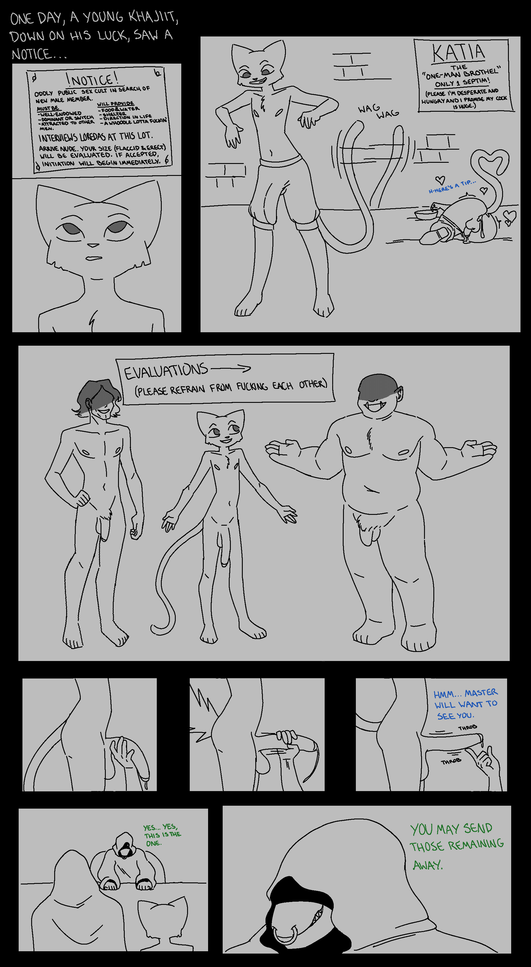 absurd_res anthro argonian bethesda_softworks big_bulge big_penis bodily_fluids body_hair bottomwear bulge chest_hair chest_tuft chubby_male clothing cum cum_in_ass cum_inside dialogue english_text erection felid flaccid foreskin gay genital_fluids genital_outline genitals group handjob hi_res hood hooded_cloak huge_cock human human_male humanoid katia_managan khajiit leaking_cum madmanransom male male/male mammal muscular muscular_male navel nude obscured_face orc orc_male penile penis penis_outline prequel_adventure robe rule_63 scalie sex shorts sign slightly_chubby slim slim_male tail tail_motion tailwag text the_elder_scrolls tuft webcomic