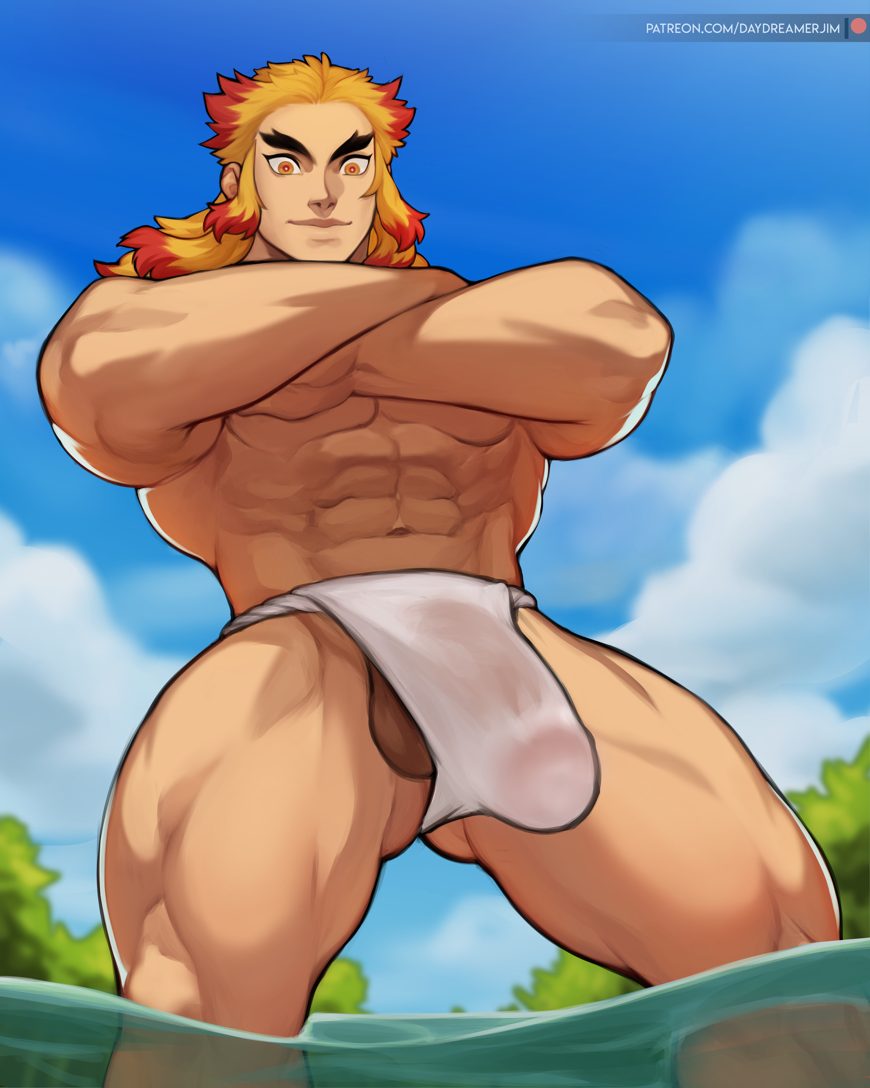 1boy, arms crossed, bulge, daydreamerjim, demon slayer, gay, gay male, kimetsu no yaiba, looking down, male, male focus, male only, muscles, muscular, muscular male, rengoku kyoujurou, solo, solo male, underwear, water, yaoi
