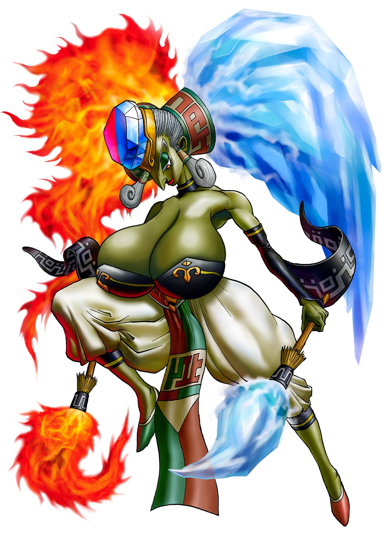 breast_expansion breasts byleths200 clothed clothing edit edited fire fire_hair gem gerudo huge_breasts ice ice_hair ocarina_of_time official_art older_female the_legend_of_zelda twinrova witch