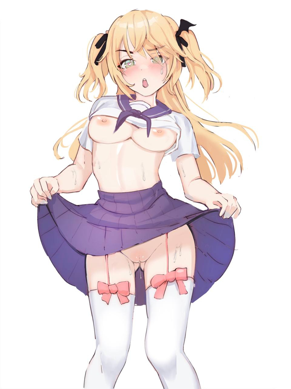 1girls ass_visible_through_thighs belly big_ass black_bow blonde_hair blush blushing_at_viewer crop_top evangellium female fertile fischl_(ein_immernachtstraum)_(genshin_impact) fischl_(genshin_impact) genshin_impact green_eyes heart-shaped_pupils horny hourglass_figure medium_hair panties pink_bow presenting presenting_pussy purple_skirt pussy pussy_juice pussy_juice_drip pussy_juice_string school_uniform schoolgirl shaved_pussy skirt skirt_lift slutty_outfit small_breasts socks standing sweat sweatdrop sweating thigh_socks thighhighs thighs thin_waist twintails upskirt wanting_sex white_skin white_socks white_top younger_female