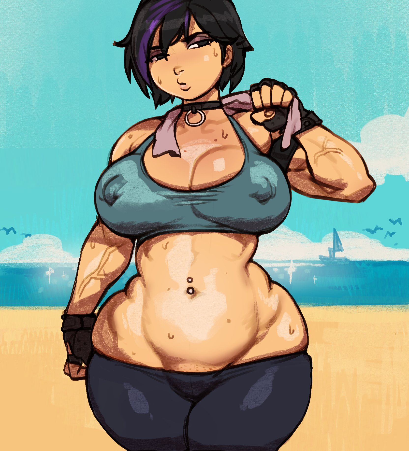 1girls, armband, beach, belly, big breasts, big hero 6, black collar, black hair, bra, breasts, clothing, cloud, collar, crop top, curvy, female, female only, fingerless gloves, fit, fit female, gloves, gogo tomago, looking at viewer, marvel, marvel comics, muscular, muscular female, navel piercing, nipple bulge, nipple piercing, nipples, ocean, pants, piercing, plump, sand, sky, slightly chubby, solo, sweat, thick thighs, tod0231, towel, water, wide hips