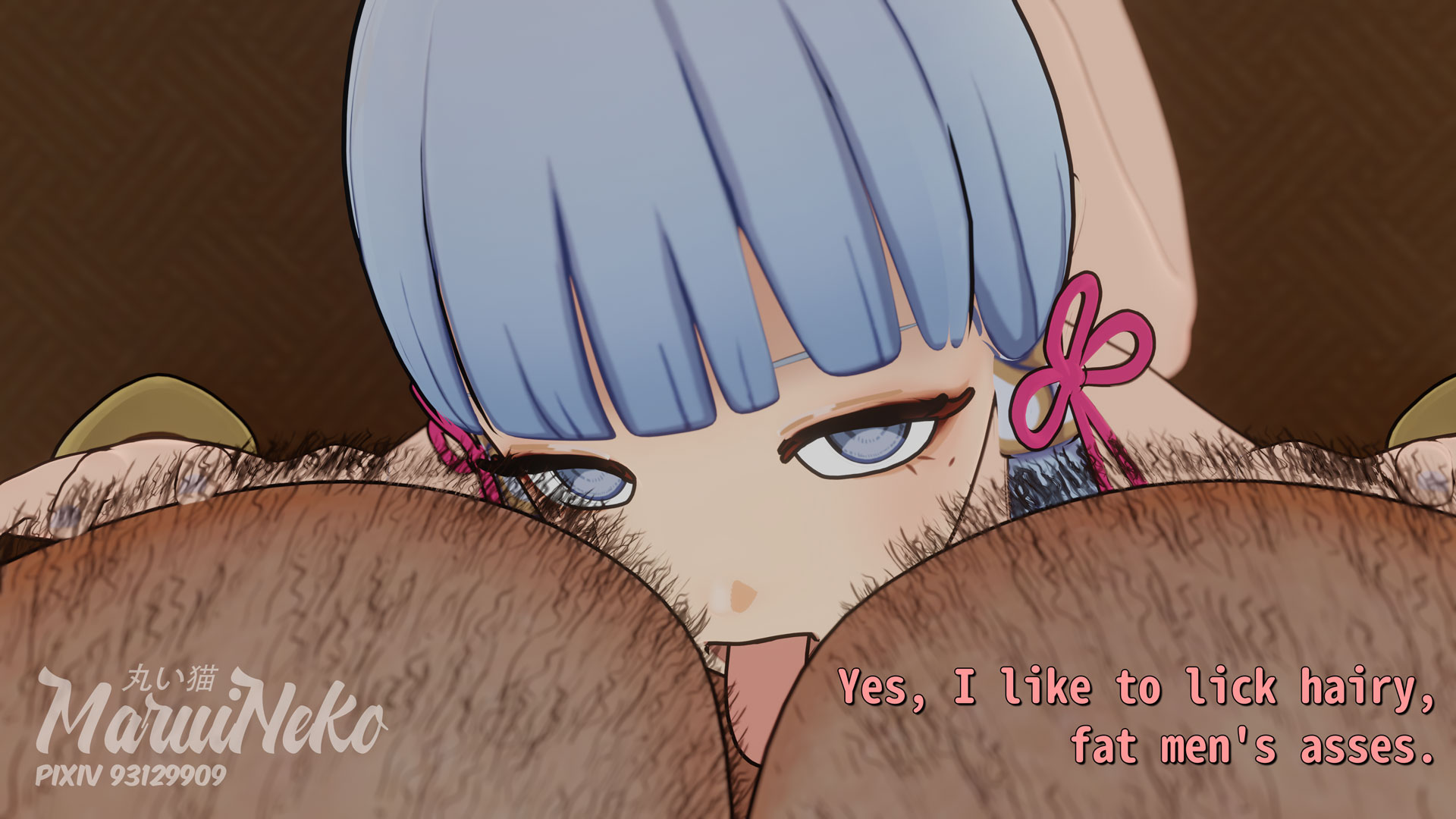 1boy, 1girls, 3d, 3d (artwork), age difference, ass, balls, big penis, blue eyes, blue hair, fat ass, fat male, female, genshin impact, hairy, hairy ass, hairy balls, hairy legs, hairy male, kamisato ayaka, looking at viewer, male, maruineko, penis, red eyes, rimming, rimming male, shocked, shocked expression, twintails