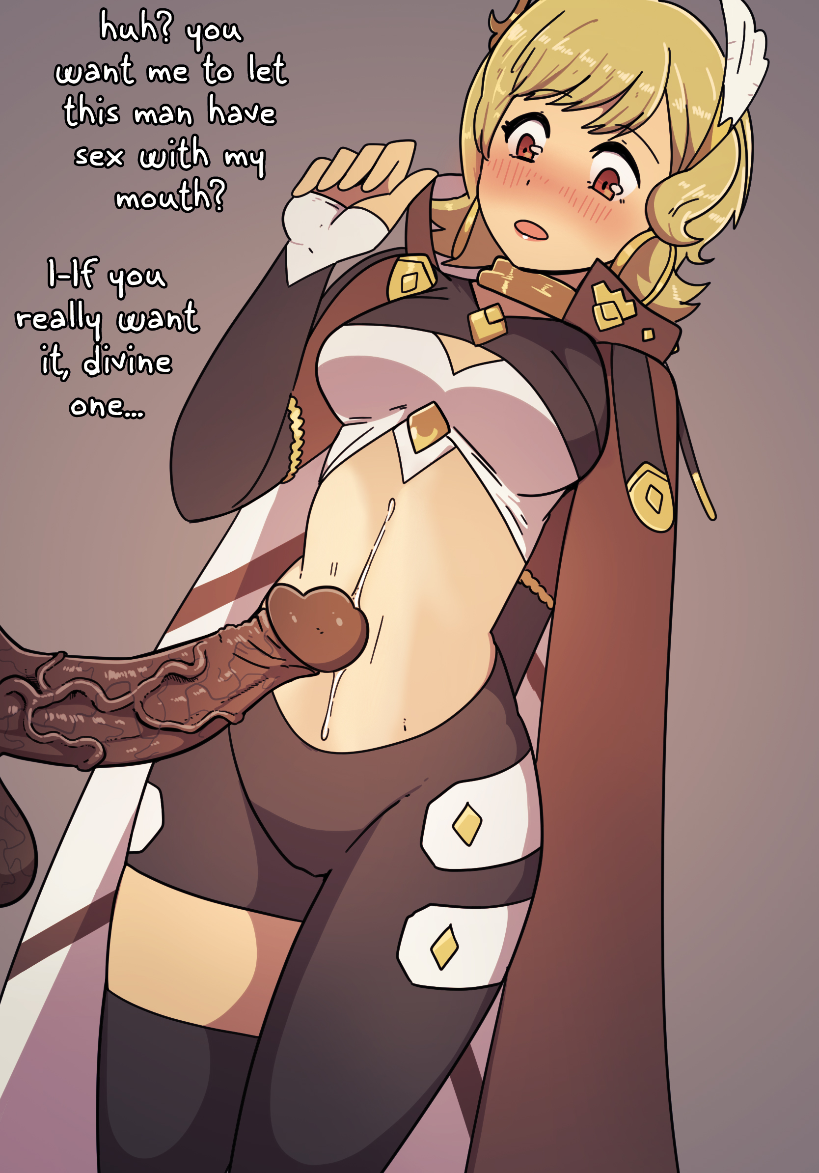1boy, 1girls, blonde hair, blush, citrinne (fire emblem), clothed female, clothed female nude male, cuckold, dark skin, dark-skinned male, english text, female, female focus, fire emblem, fire emblem engage, hasselnut, heavy blush, hi res, leggings, light skin, light-skinned female, looking at penis, male, nintendo, nude, nude male, penis, penis awe, red eyes, simple background, text, uncensored, veiny penis, wolfgang bang