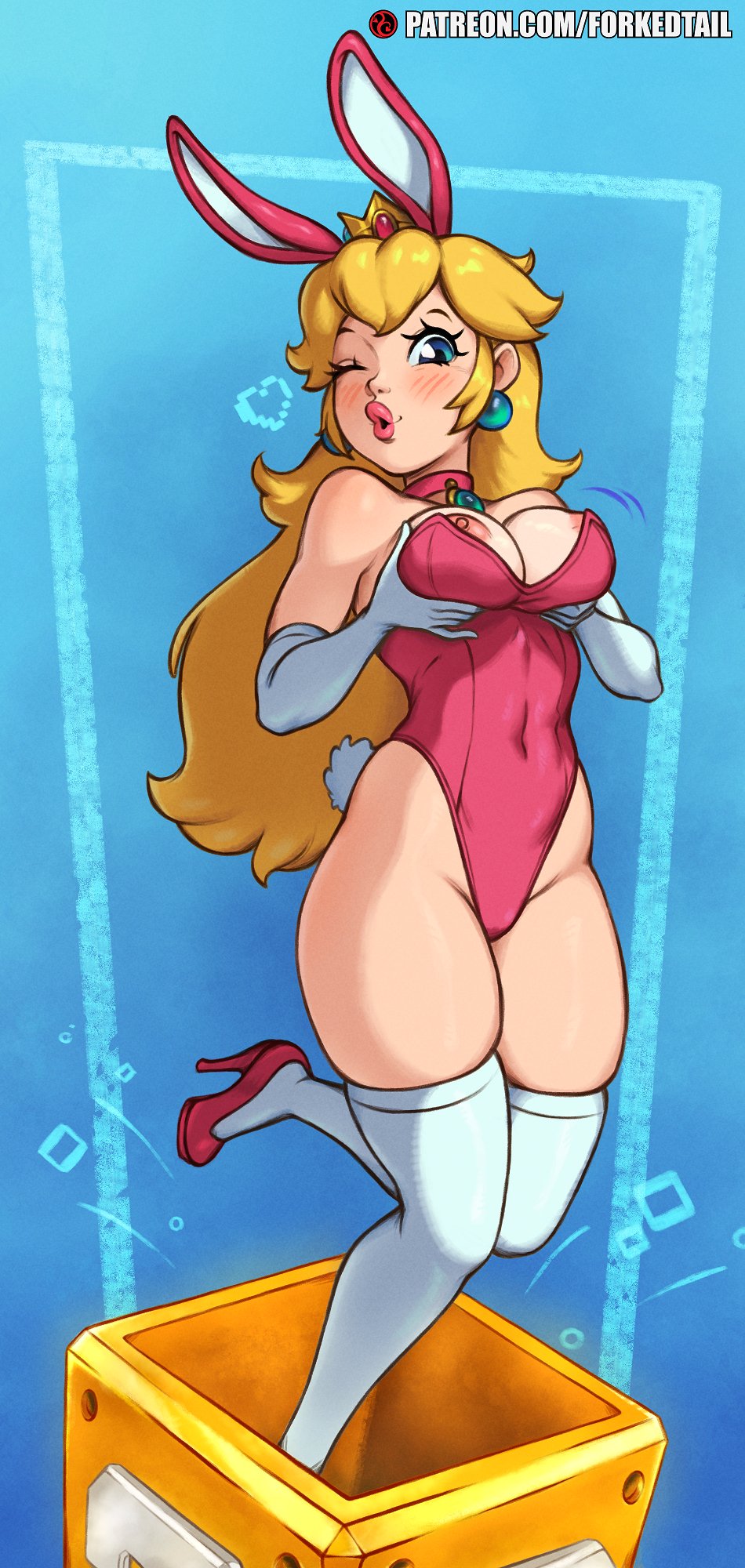 1girls :o areolae arm_gloves armwear bent_leg big_lips blonde_hair blue_eyes blush breasts bunny_ears bunny_tail bunnysuit female female_only forkedtail heels hi_res high_heels legwear lifting_breasts long_hair looking_at_viewer mario_(series) nintendo nipples nipples_outside pink_lipstick princess_peach smiling smiling_at_viewer socks socks_and_heels solo standing_on_one_leg super_mario_bros. thick_lips thick_thighs thigh_socks thigh_squish thighhighs white_legwear white_socks wink winking_at_viewer