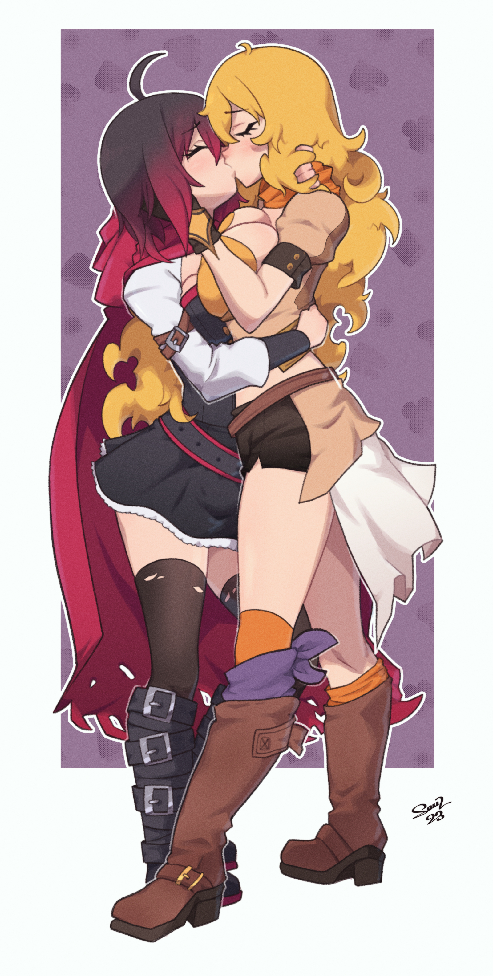2d, 2girls, big breasts, black hair, blonde hair, boots, breasts, cloak, closed eyes, clothed, clothing, female, female focus, female only, female/female, full body, highres, hugging, incest, incestuous kiss, kissing, large breasts, long hair, red highlights, ruby rose, rwby, short hair, sibling incest, siblings, sisters, skirt, soulart, tagme, thick thighs, thighs, yang xiao long, yuri