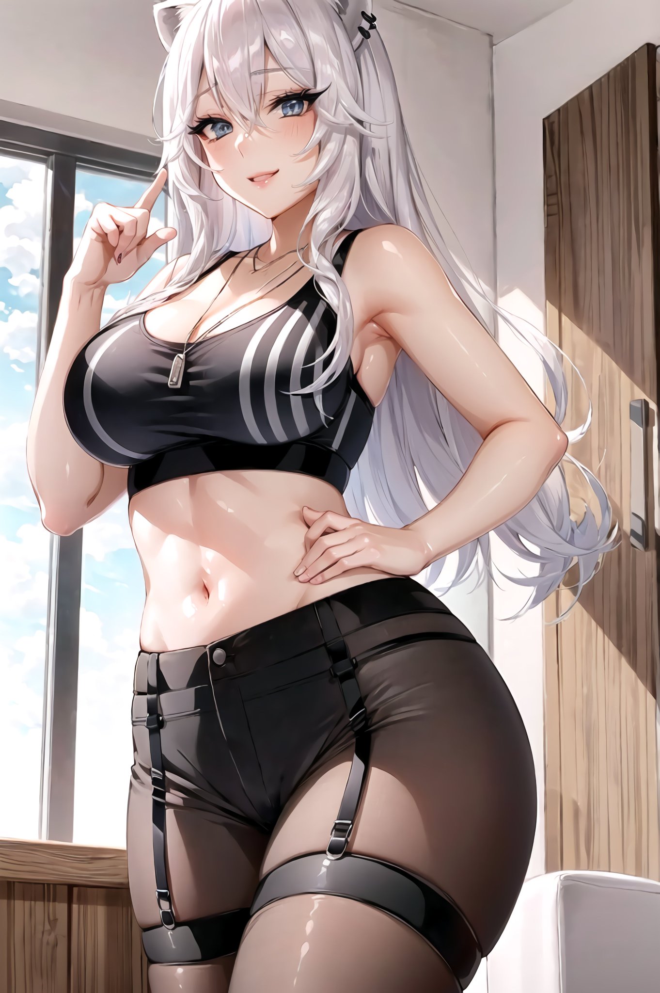 1girls, ai generated, animal ears, breasts, curvaceous, curvy figure, female, female focus, female only, garter straps, highres, hololive, hololive gen 5, hololive japan, huge breasts, long hair, seductive smile, shishiro botan, solo female, solo focus, stable diffusion, stockings, thighhighs, tight clothing, tight fit, virtual youtuber, white eyes, white hair