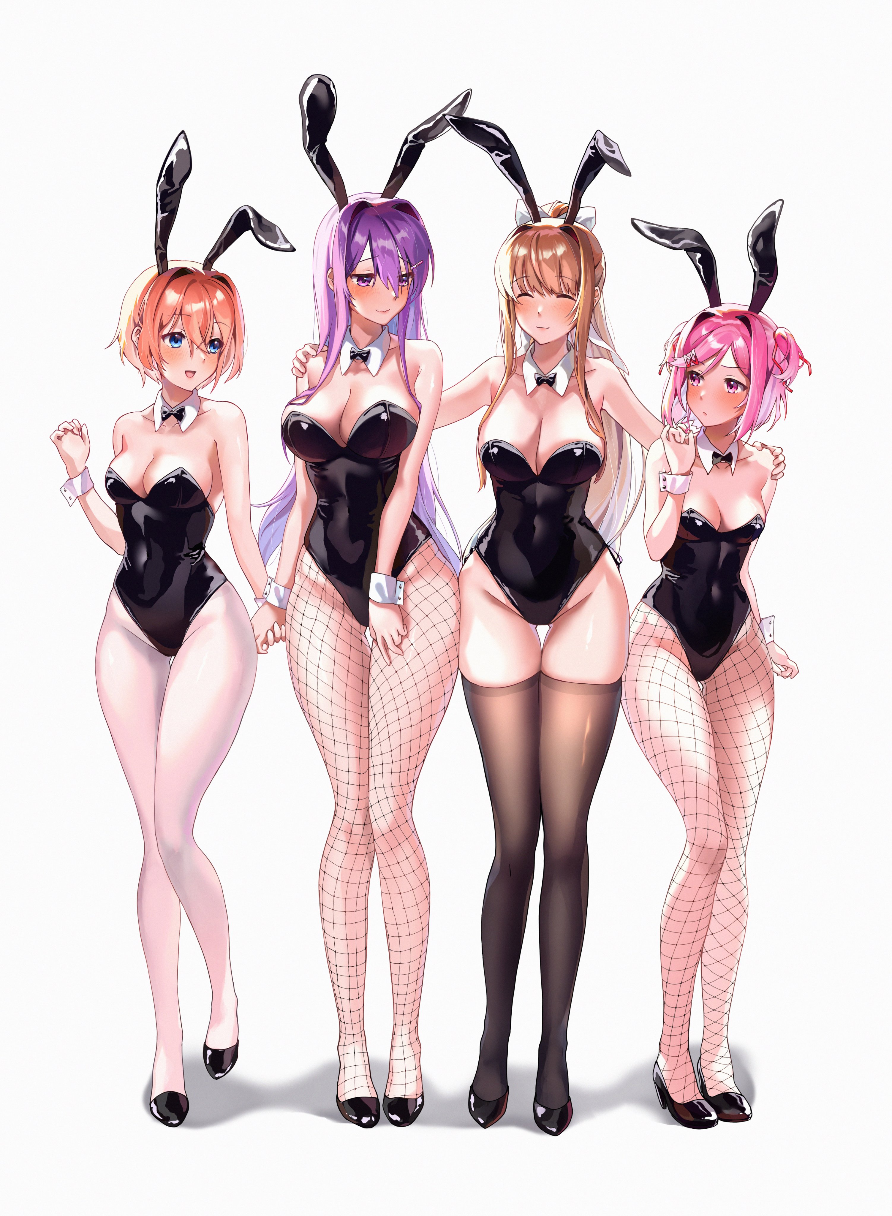4girls, black socks, bunny costume, bunny ears, bunny girl, bunnysuit, closed eyes, doki doki literature club, female, female only, fishnets, hair ribbon, heels, high heels, latex, machulanko, monika (doki doki literature club), multiple females, multiple girls, natsuki (doki doki literature club), pink hair, playboy bunny, ponytail, purple hair, sayori (doki doki literature club), socks, thigh socks, thighhighs, yuri (doki doki literature club)