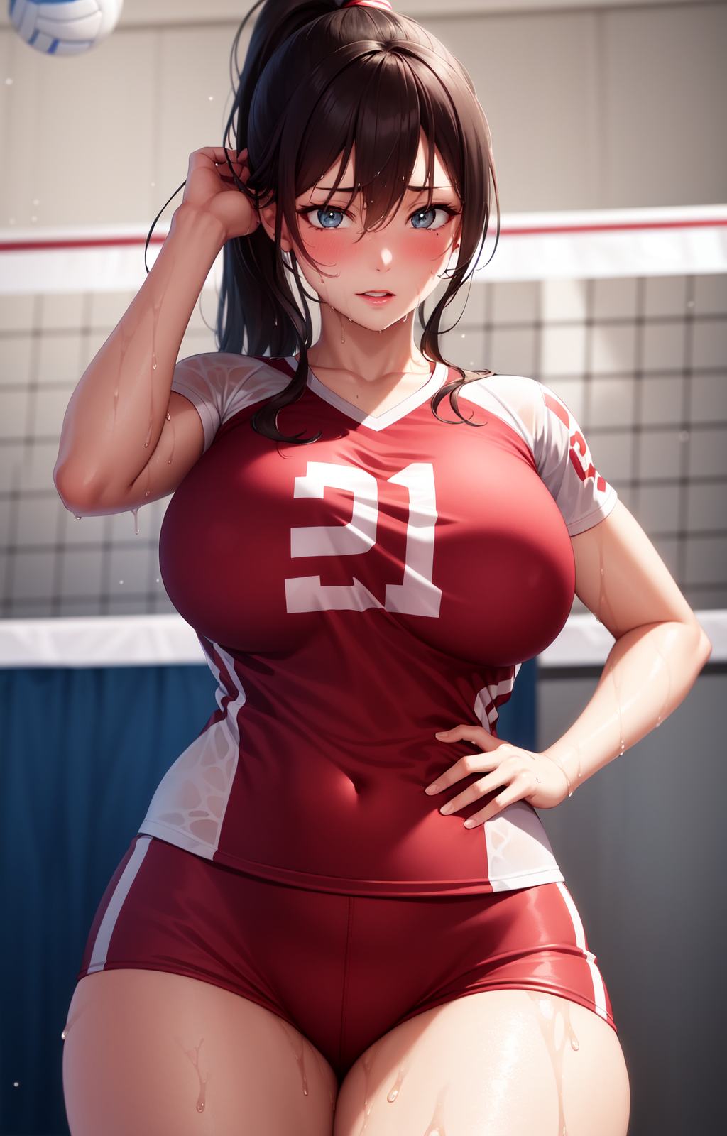 1girls ai_generated blue_eyes brown_hair curvaceous curvy_body curvy_figure huge_breasts slut solo solo_female solo_focus stable_diffusion volleyball_uniform vollyball voluptuous