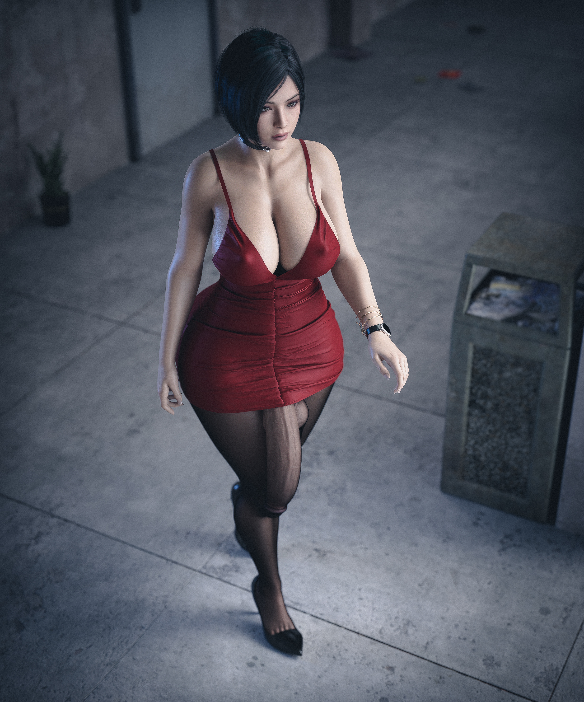 1futa, 3d, ada wong, big breasts, breasts, bulge, bulge down leg, cameltail, casual, casual exposure, casual nudity, clothing, erection under clothing, footwear, futa only, futanari, high heels, huge cock, human, ineffective clothing, intersex, large breasts, neckwear, pale skin, pantyhose, penis, resident evil, resident evil 2, resident evil 2 remake, see-through clothing, solo, stevencarson, wristwear