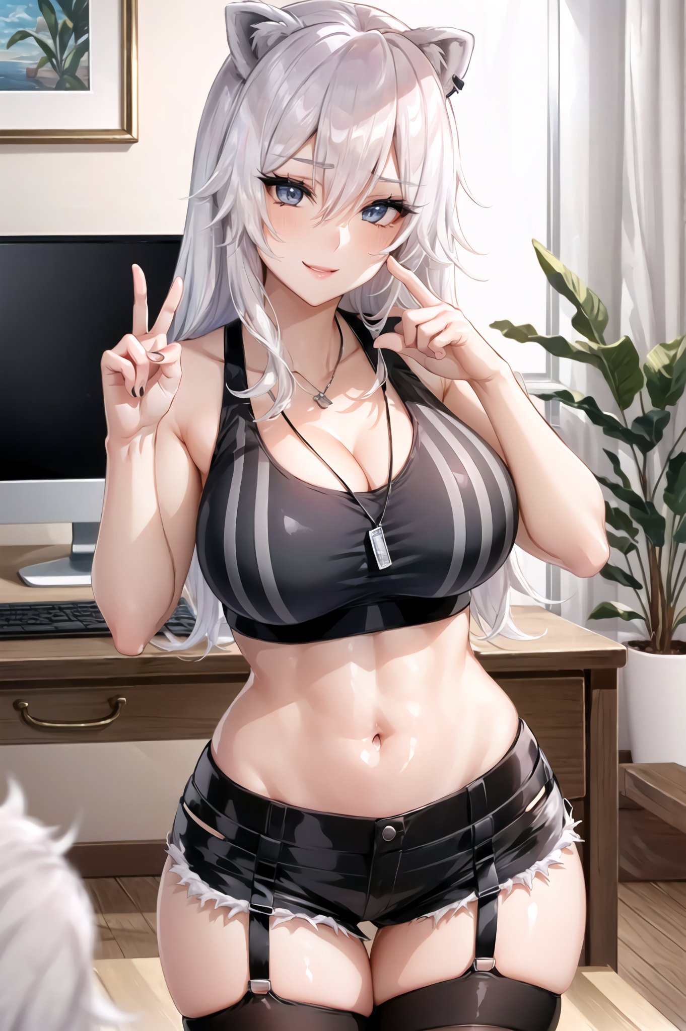 1girls, ai generated, animal ears, curvaceous, curvy body, curvy female, female, female only, garter straps, hololive, hololive gen 5, hololive japan, long hair, shishiro botan, stable diffusion, stockings, thighhighs, tight clothing, tight fit, virtual youtuber, voluptuous, voluptuous female, white eyes, white hair