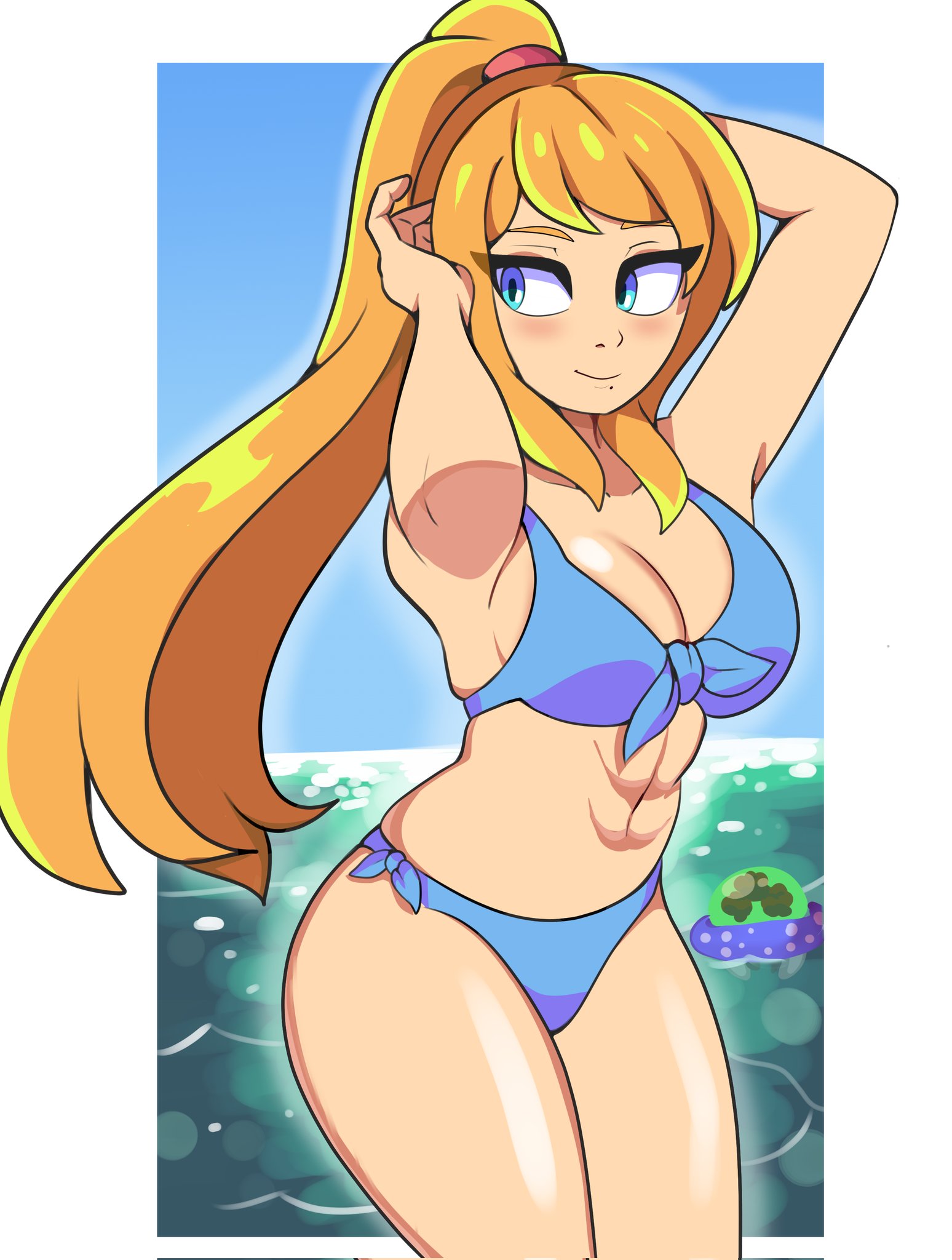 1girls, abs, big breasts, bikini, blonde hair, blue bikini, blue eyes, blue swimsuit, blush, breasts, cleavage, digicheeze, female, fit, fit female, light skin, light-skinned female, metroid, metroid (creature), nintendo, ponytail, samus aran, swimsuit, tagme, thighs, tied hair, white border