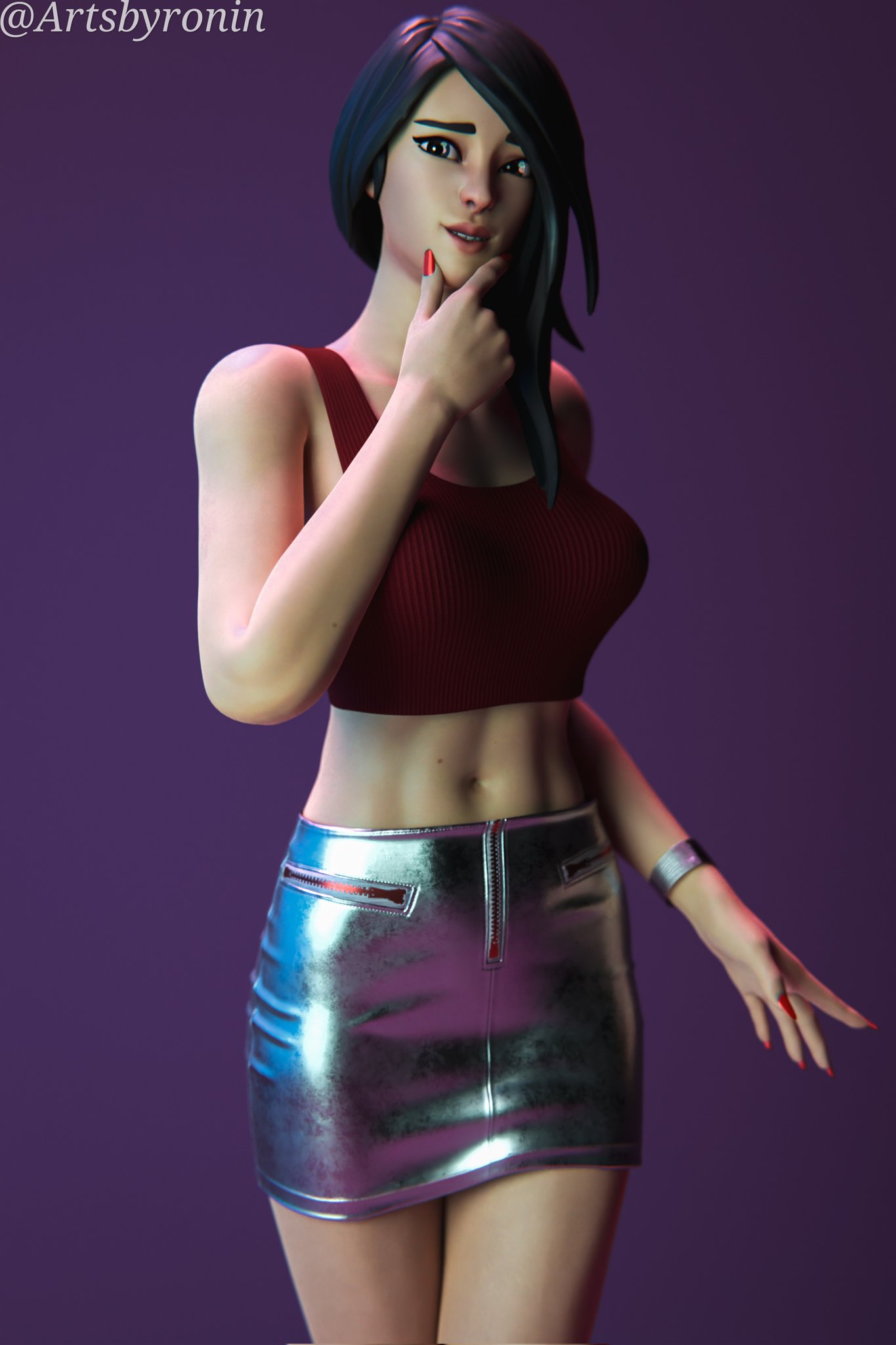 1girls 3d artsbyronin black_hair blender bottomwear clothed clothing epic_games female female_focus female_only fortnite looking_at_viewer pose posing red_nail_polish red_nails remedy_(fortnite) shirt simple_background skirt solo solo_female solo_focus standing tank_top topwear watermark