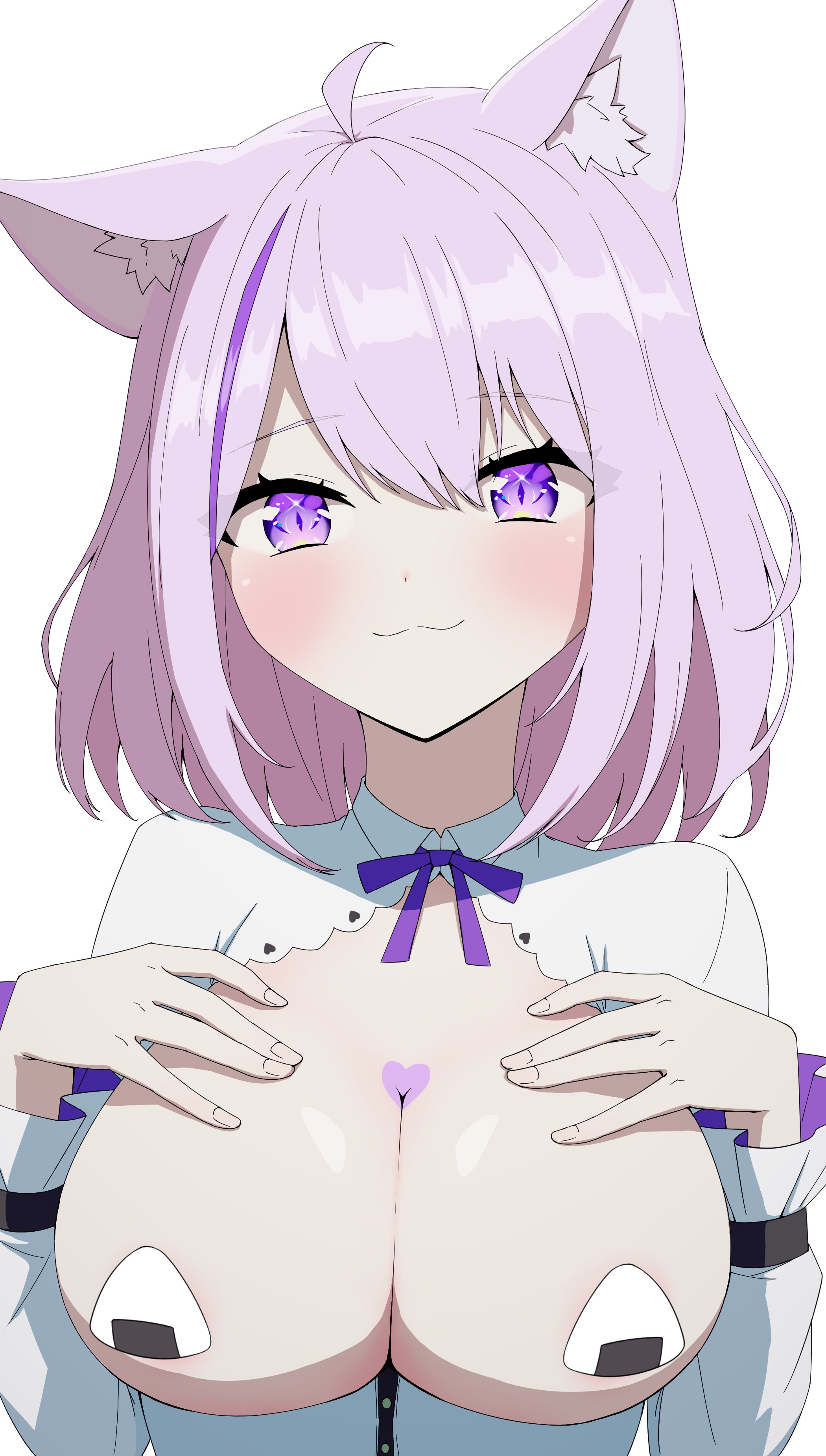1girls, animal ears, blush, breasts, cat ears, cat girl, catgirl, dayyo (daydarion/day-chan), exposed breasts, female, female only, hands on breasts, hololive, hololive gamers, hololive japan, large breasts, light skin, light-skinned female, nekomata okayu, smiling, solo, tagme, virtual youtuber
