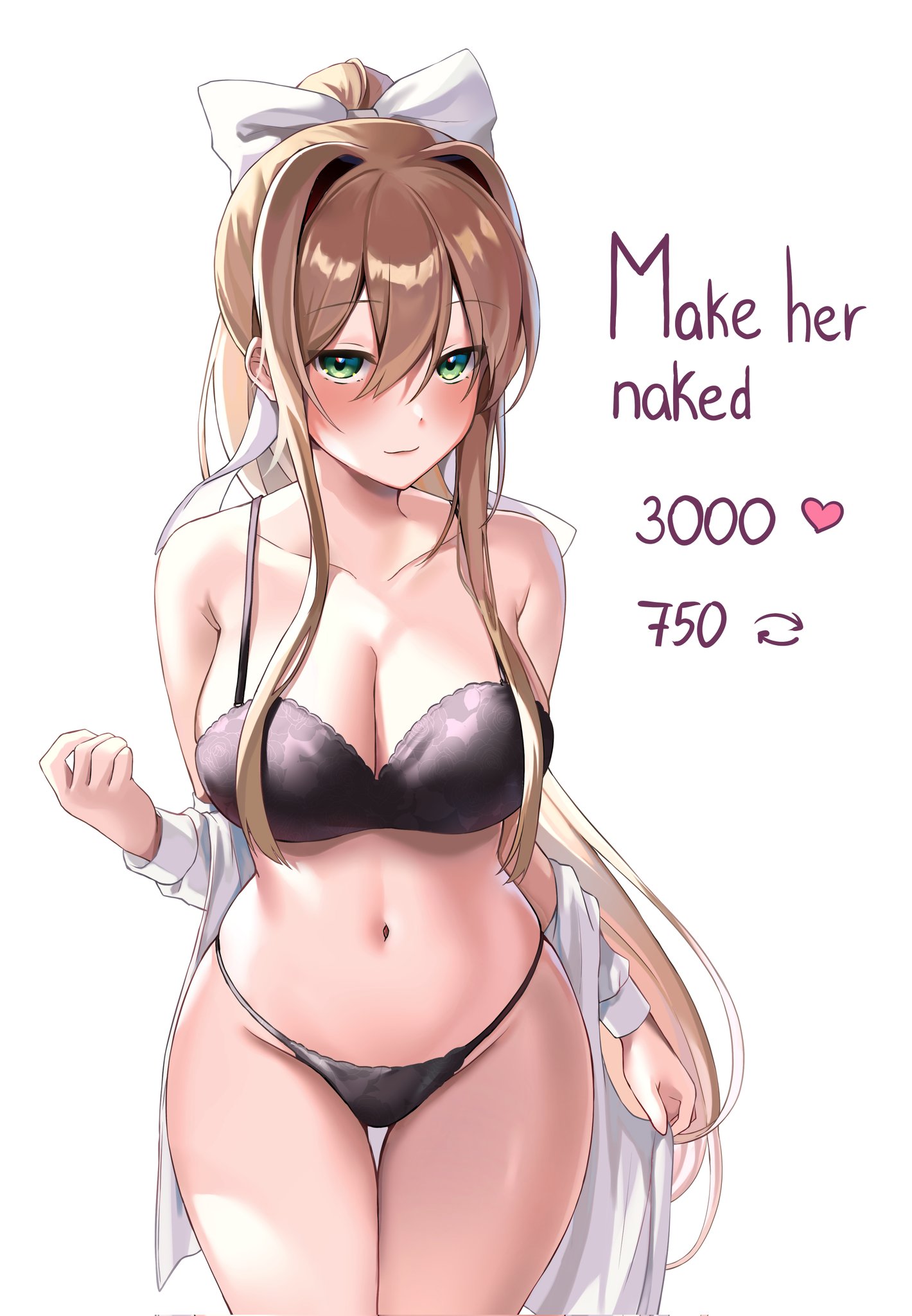 1girls, bare legs, bare shoulders, bedroom eyes, big breasts, black bra, black panties, bra, breasts, brown hair, doki doki literature club, female, green eyes, hair ribbon, half-dressed, large breasts, lingerie, looking at viewer, machulanko, midriff, monika (doki doki literature club), panties, ponytail, staring at viewer, string panties, strip, strip game, stripping, thick thighs, thighs, underwear, underwear only, undressing