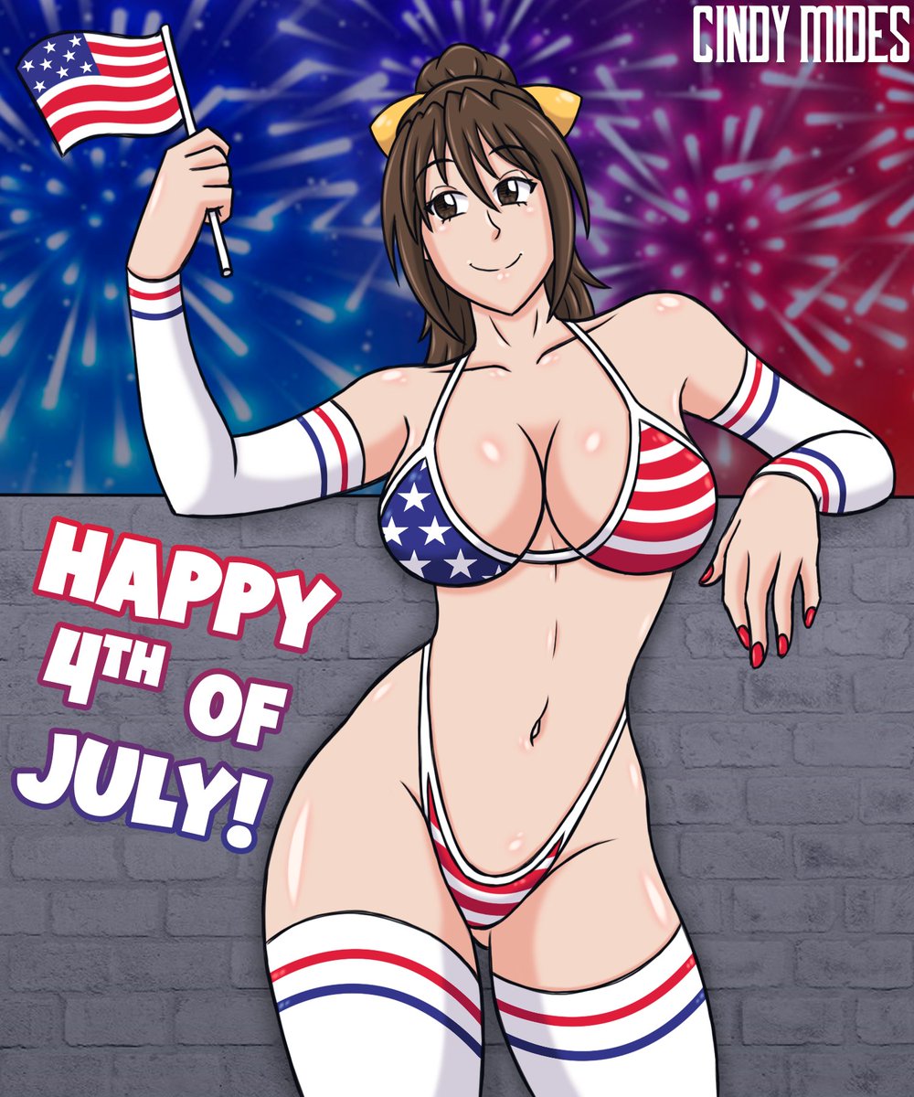 1girls against_wall american_flag american_flag_bikini artist_name big_breasts bikini breasts brown_hair busty character_request cleavage female female_only fireworks flag_print hair_ribbon large_breasts legs navel ponytail ribbon smile solo swimsuit thighs thong_bikini voluptuous