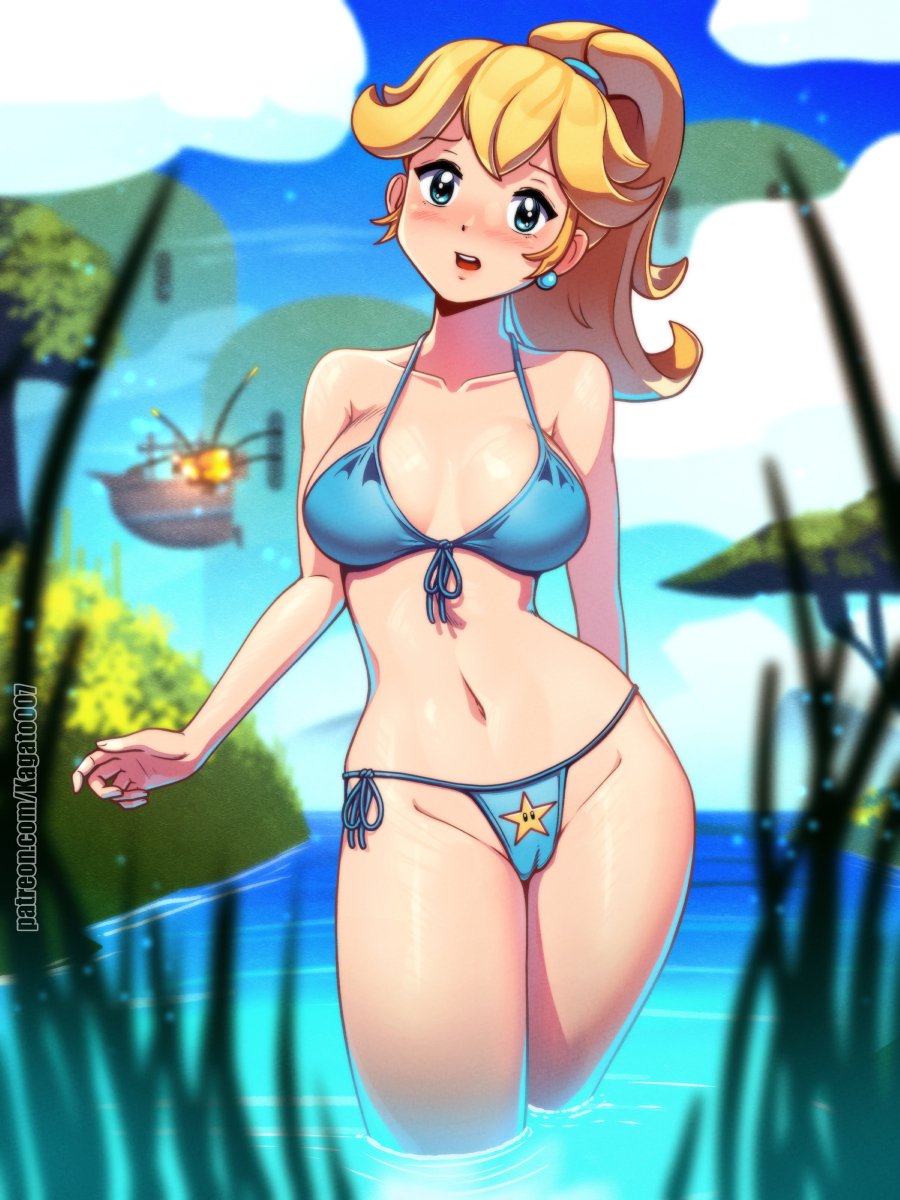 1girls, artist name, big breasts, bikini, blonde hair, blue bikini, blue eyes, blush, breasts, busty, cameltoe, child bearing hips, cleavage, female, female only, kagato007, large breasts, looking at viewer, mario (series), navel, nintendo, outdoors, partially submerged, ponytail, princess, princess peach, pussy, solo, standing, super mario bros., swimsuit, thong bikini, walking, water