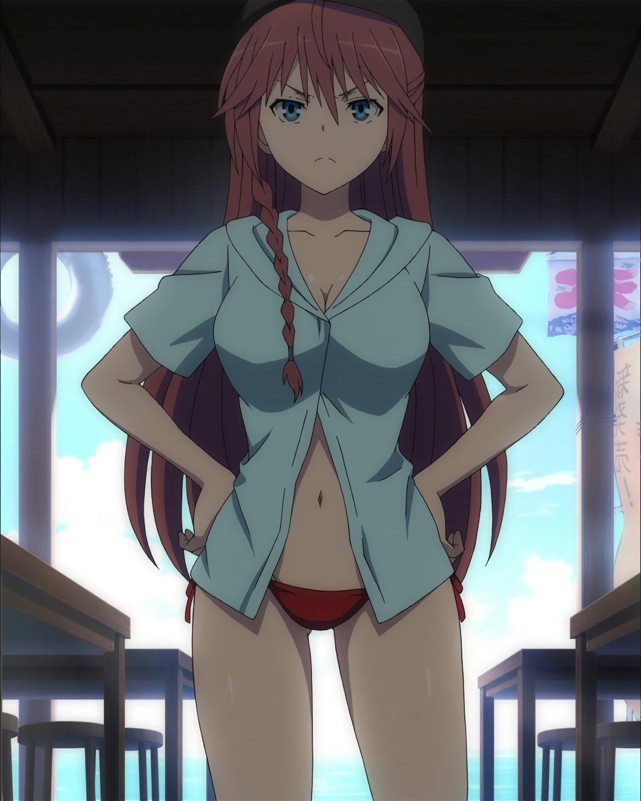 1girls accurate_art_style asami_lilith beach big_breasts bikini blue_eyes bow breasts busty cleavage female female_only hands_on_own_hips highres large_breasts legs long_hair navel ocean pointy_chin red_bow red_eyes screencap serious shirt stitched swimsuit thighs third-party_edit trinity_seven voluptuous water