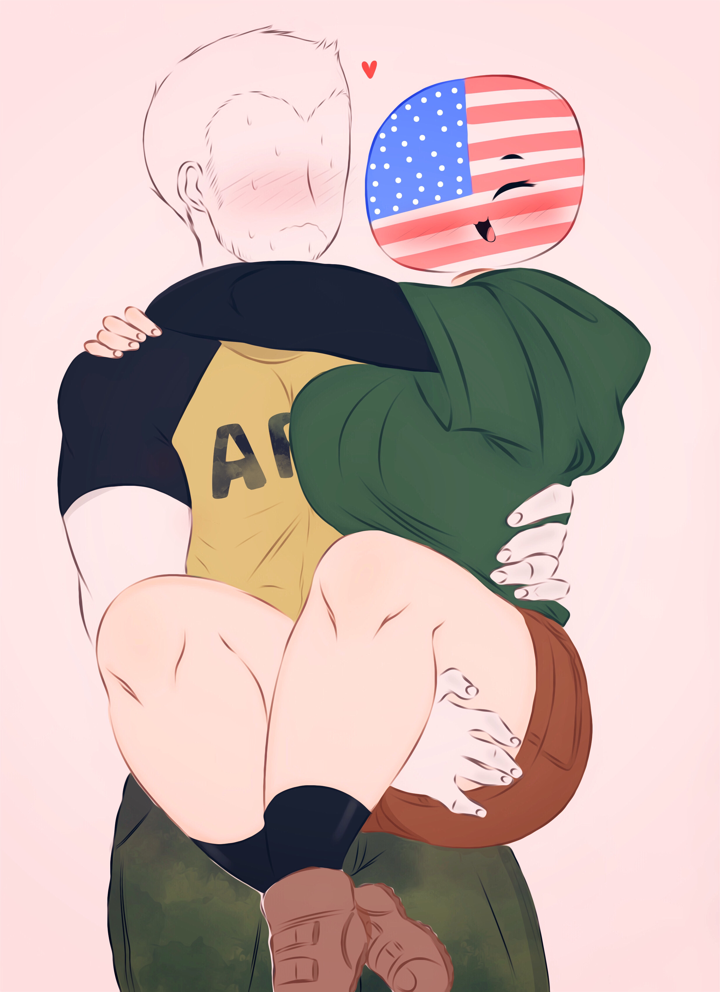 1boy, 1girls, blush, breasts, countryhumans, countryhumans girl, female, flawsy, large breasts, male, safe, sfw, shoes, shorts, united states of america (countryhumans), wholesome