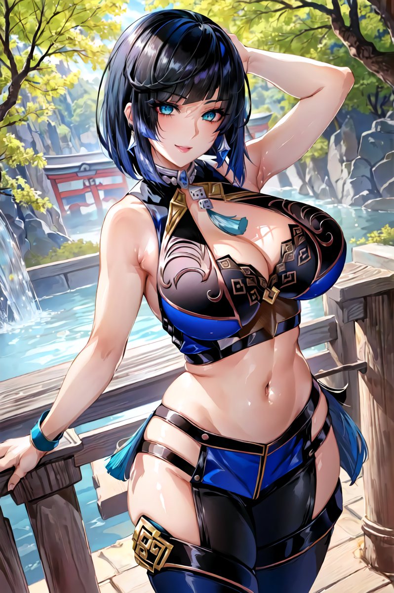 1girls, ai generated, black hair, blue eyes, breasts, curvaceous, curvy body, curvy figure, female, female focus, female only, genshin impact, huge breasts, short hair, solo, solo female, stable diffusion, voluptuous, voluptuous female, yelan (genshin impact)