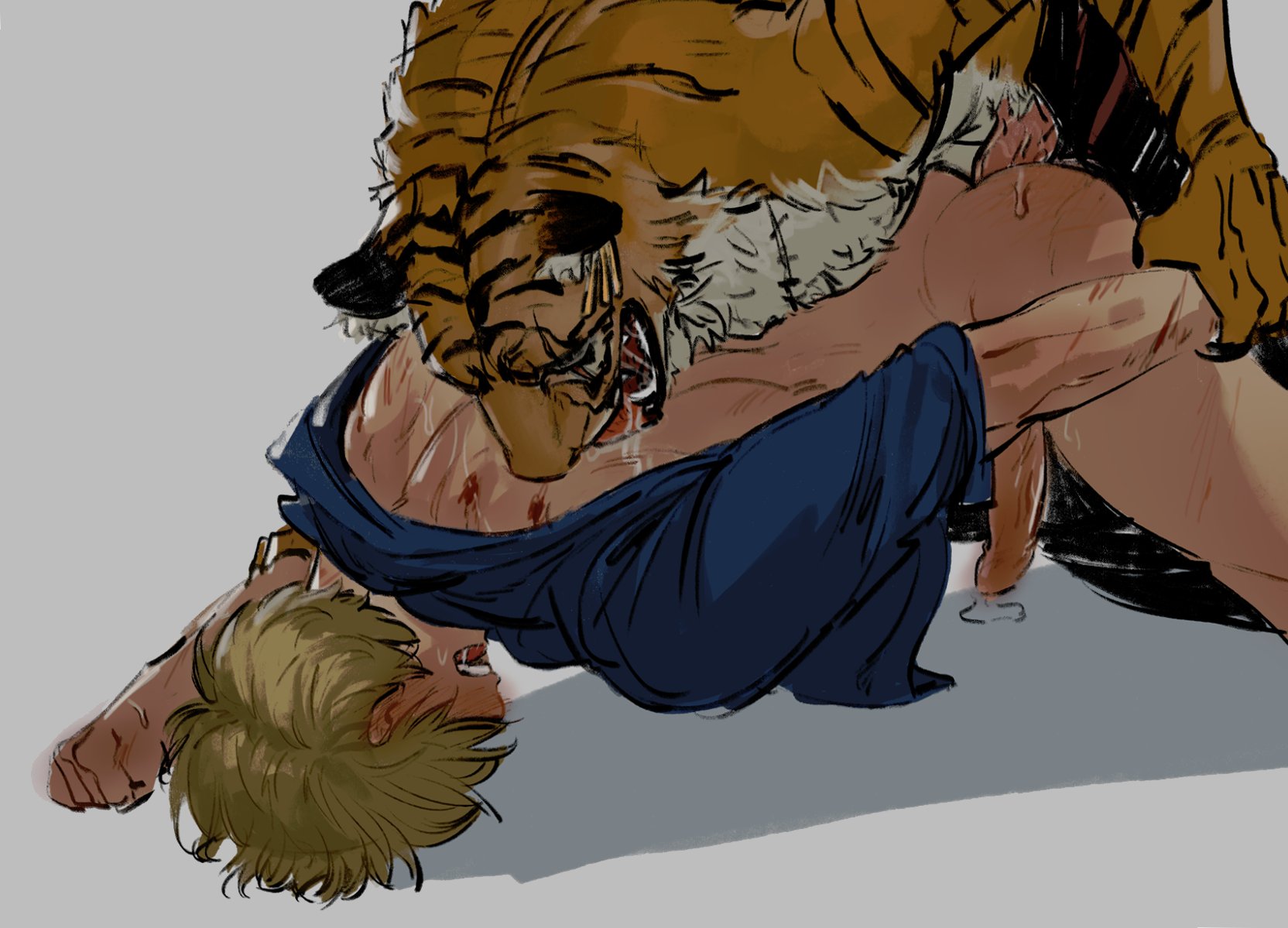2boys, anal, anal sex, anthro, arm grab, blood, blush, bottomless, erection, feline, feline humanoid, from behind, furry, gay, guillartee, human, interspecies, male, male only, mostly nude, one piece, partially clothed, penetration, penis, roronoa zoro, scratches, tiger, uncensored, vinsmoke sanji, yaoi
