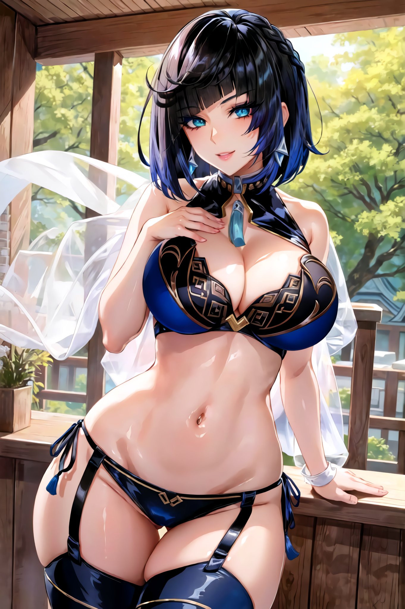 1girls, ai generated, black hair, blue eyes, curvaceous, curvy body, curvy female, female, female focus, female only, genshin impact, legwear, short hair, solo, solo focus, stable diffusion, underwear, voluptuous, voluptuous female, yelan (genshin impact)