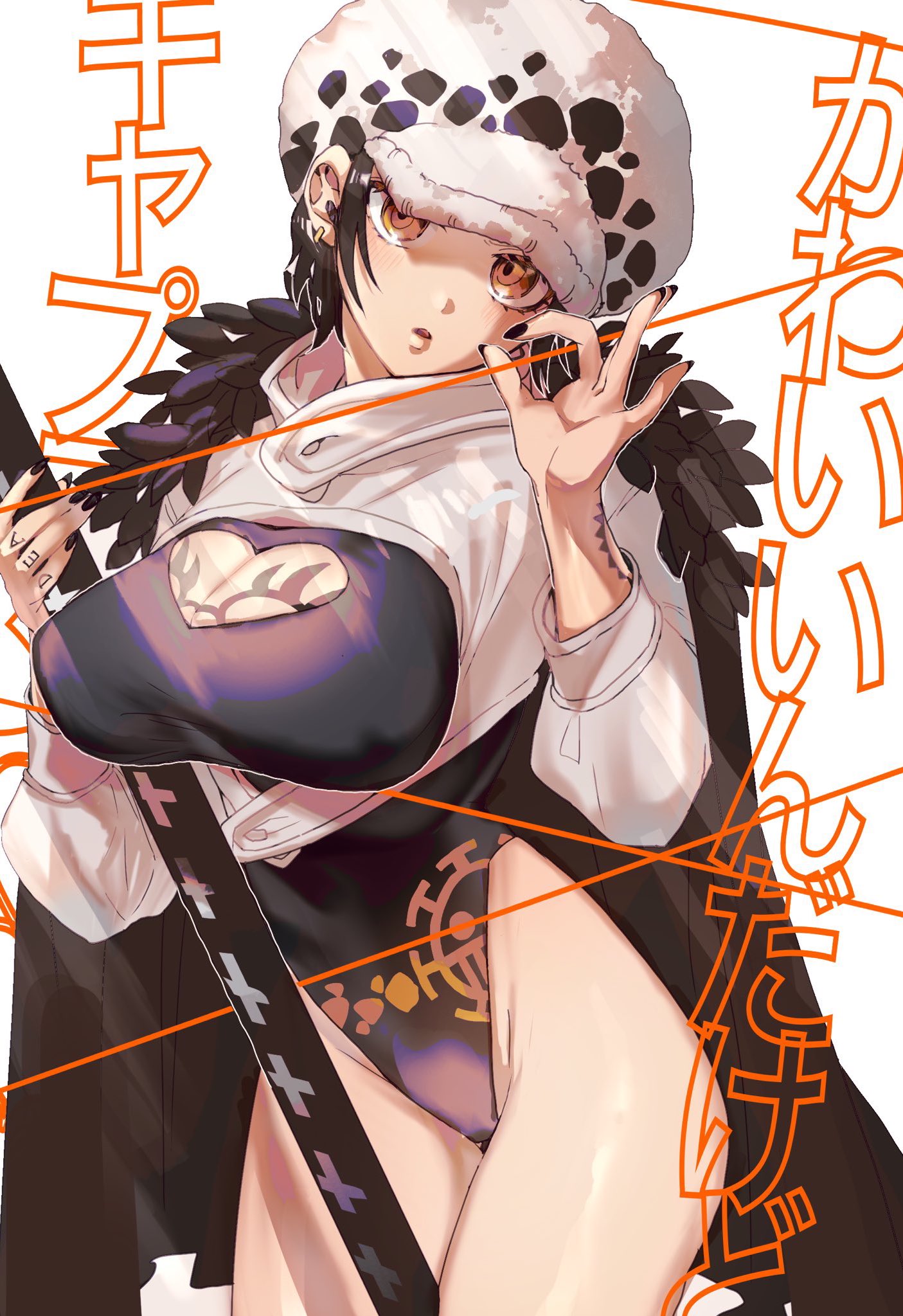 big breasts, black nails, blush, breasts, canon genderswap, cape, chest tattoo, cleavage cutout, cropped jacket, female, female only, genderswap, genderswap (mtf), hat, headwear, heart cutout, jacket, leotard, looking at viewer, nail polish, one piece, piitapitapita, rule 63, shaded face, short hair, shounen jump, solo, tattoo, tattoos, trafalgar law, trafalgar law (female), wide hips, yellow eyes