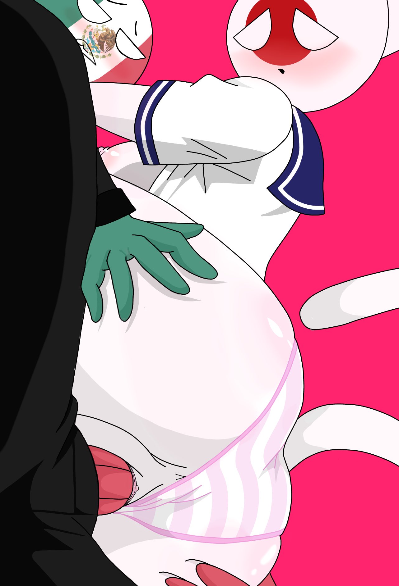 1boy, 1girls, big breasts, blush, breasts, cat ears, cat tail, clothed sex, countryhumans, countryhumans girl, female, female focus, green body, green skin, japan (countryhumans), male, mexico (countryhumans), panties, penetration, pink background, pink nipples, pussy, sex, simple background, striped panties, vaginal penetration, vaginal sex, white body, white skin