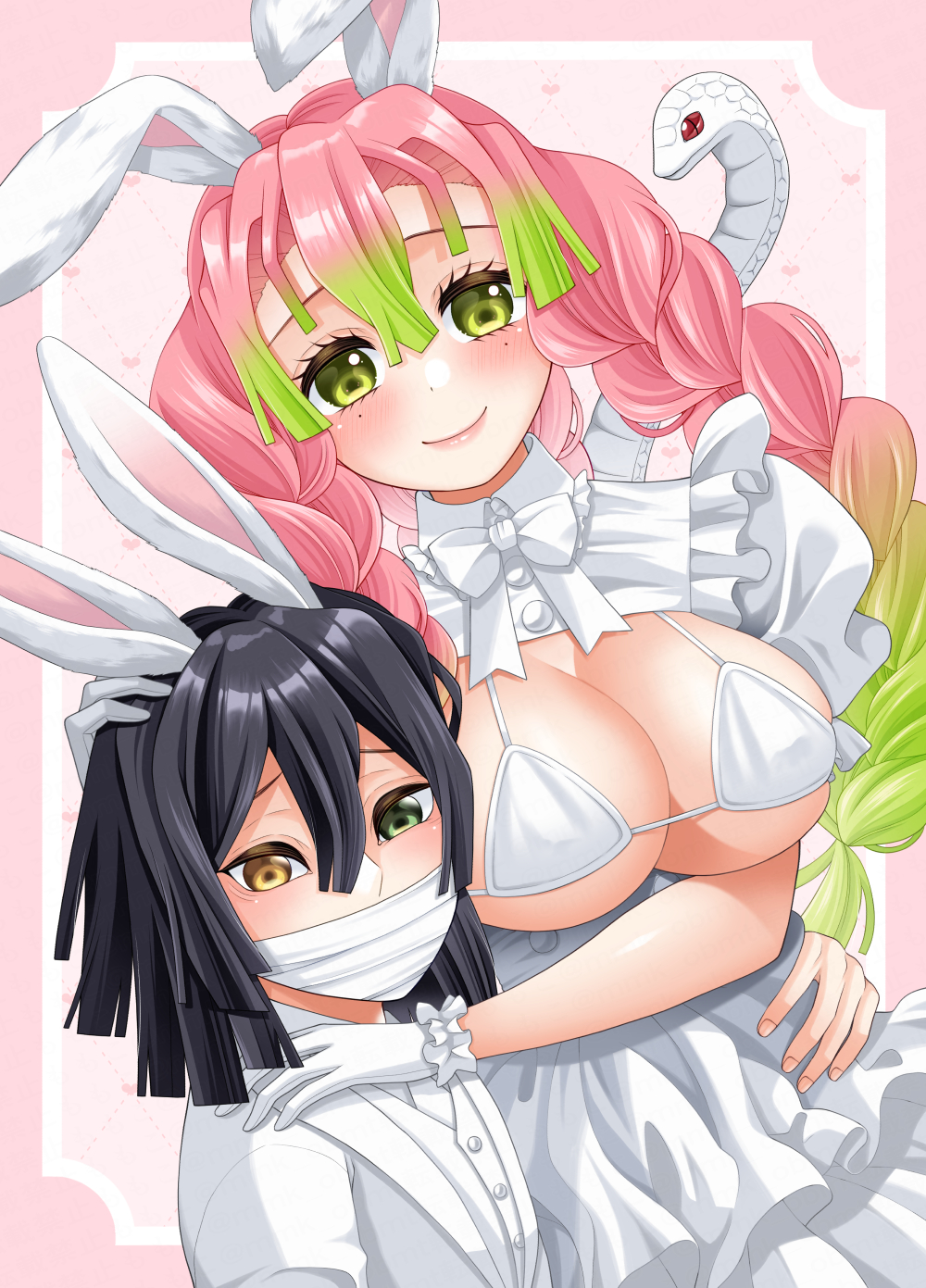 1boy 1girls alternate_costume big_breasts bikini bikini_top black_hair blush braided_hair braids bunny_boy bunny_ears bunny_girl cleavage demon_slayer female gloves gradient_hair green_eyes hand_on_another's_head heterochromia iguro_obanai kaburamaru kanroji_mitsuri kimetsu_no_yaiba long_hair looking_at_viewer male mask mole_under_eye momoko_(artist) mouth_mask pink_hair smile snake suit two_tone_hair white_bikini white_gloves wholesome