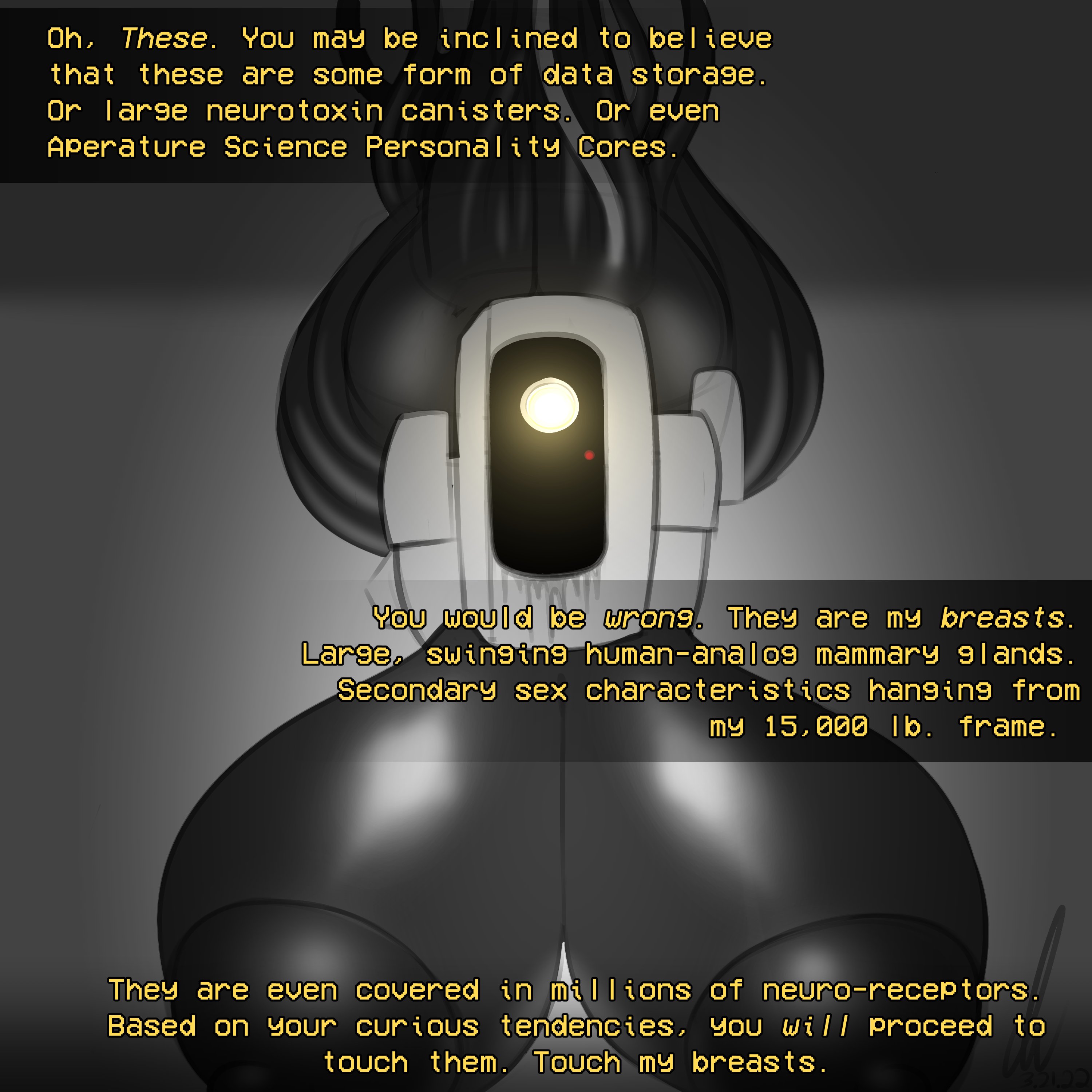 1girls, ass, ass bigger than head, breasts, breasts bigger than head, dialogue, female, glados, glados (central core), hanging breasts, huge ass, hyper breasts, large breasts, looking at viewer, nude, pierump, portal (series), robot, robot girl, screen face, solo, solo female, teasing, text