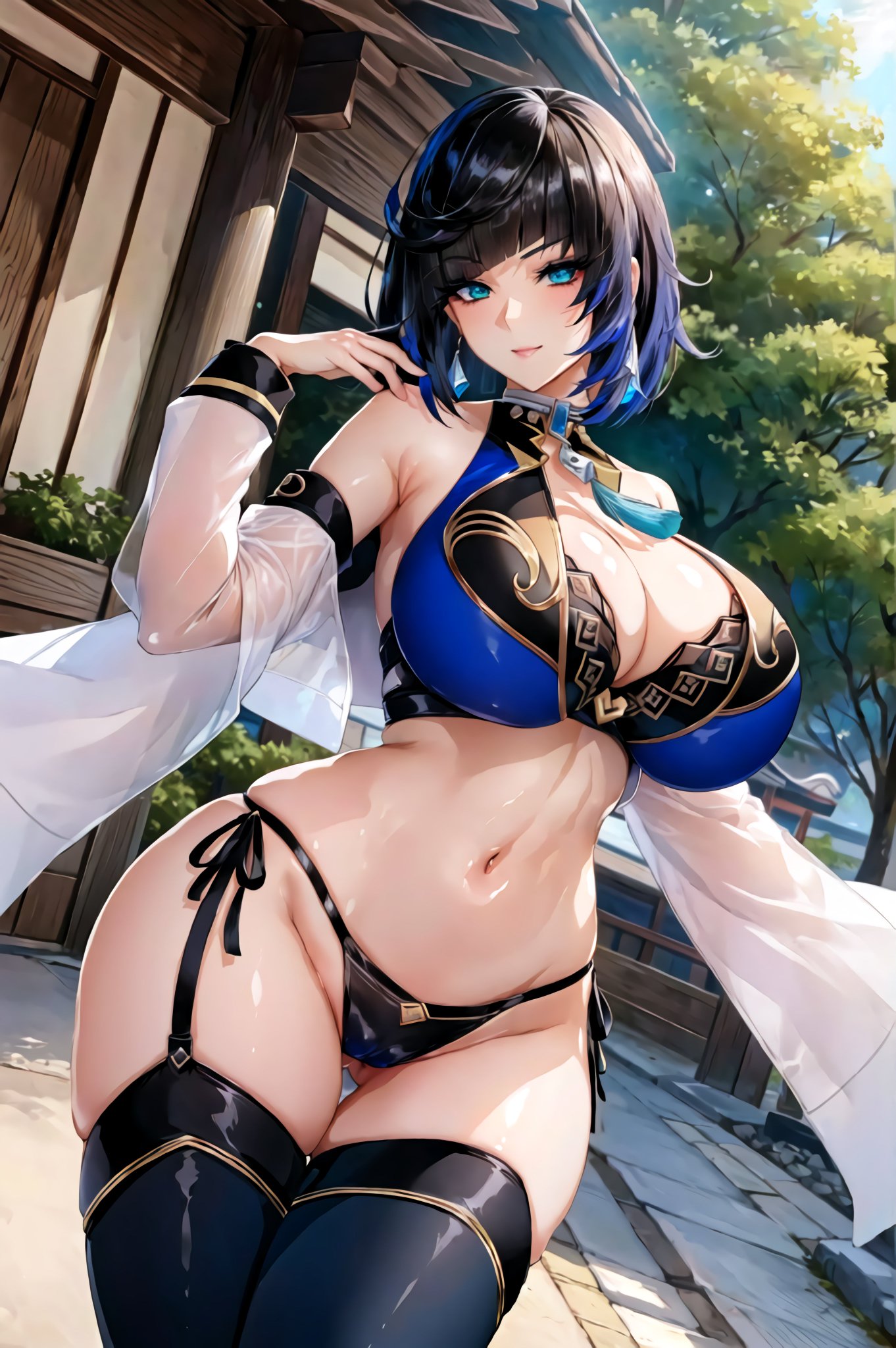 1girls, ai generated, black hair, blue eyes, curvaceous, curvy body, curvy female, female, female focus, female only, genshin impact, legwear, looking at viewer, short hair, stable diffusion, underwear, violet hair, voluptuous, voluptuous female, yelan (genshin impact)