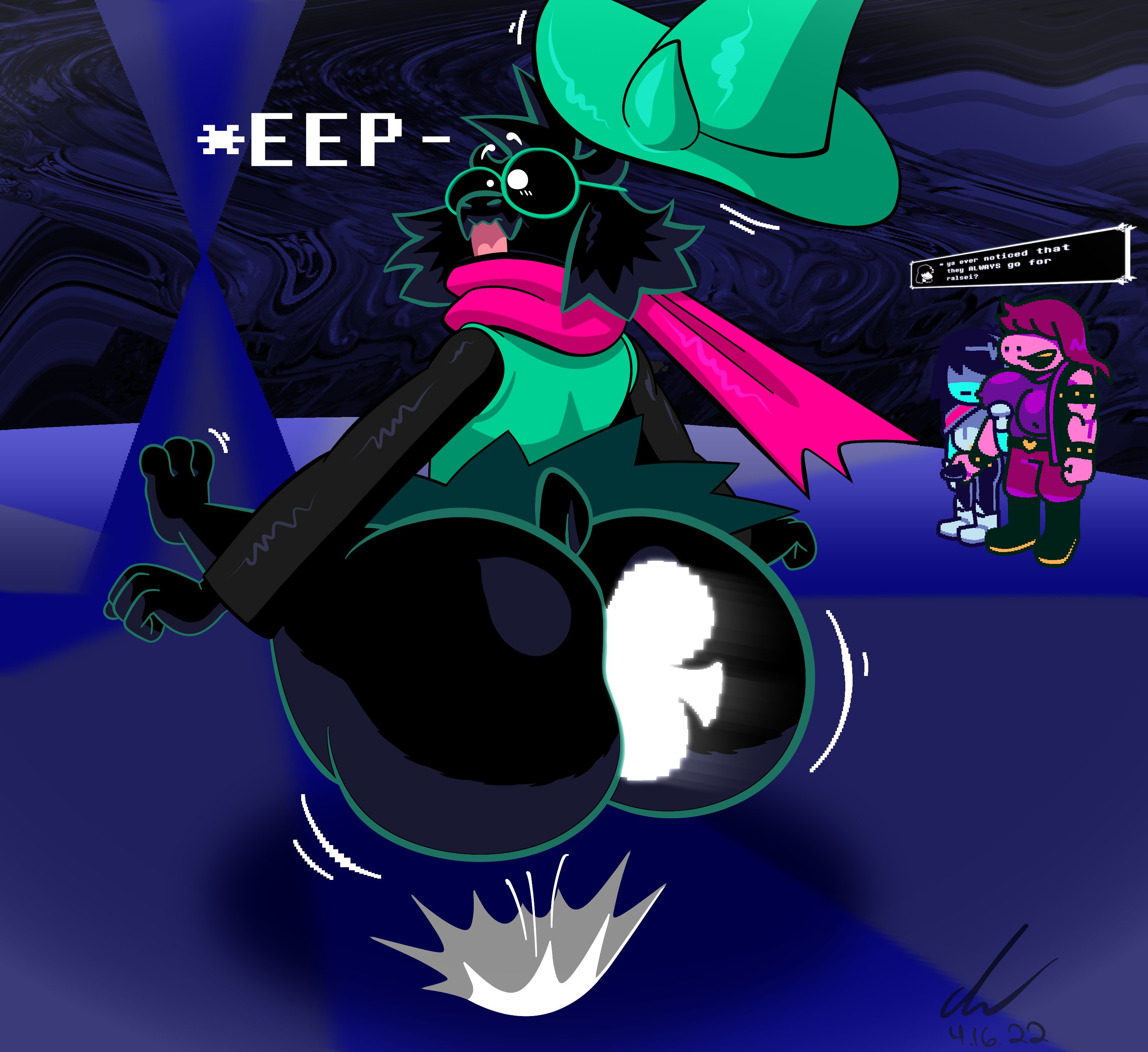 ass, big ass, big butt, black body, bubble ass, bubble butt, clothed, clothing, deltarune, feet up, female, femboy, fluffy, fluffy ears, glasses, hat, kris (deltarune), male, pierump, ralsei, ralsei with black fur, susie (deltarune)