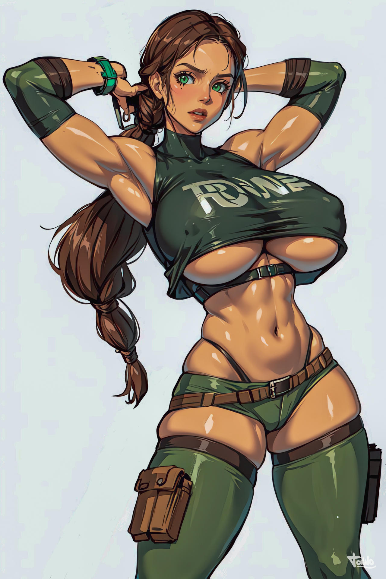 ai generated, armwear, bare midriff, blue eyes, breasts, brown hair, busty, erect nipples, female, female focus, female only, hourglass figure, lara croft, lara croft (classic), long hair, nipple bulge, nipples, pinup, pinup pose, short shorts, skimpy, skimpy clothes, standing, thighhighs, thong straps, tomb raider, tonnaccio, underboob, wide hips