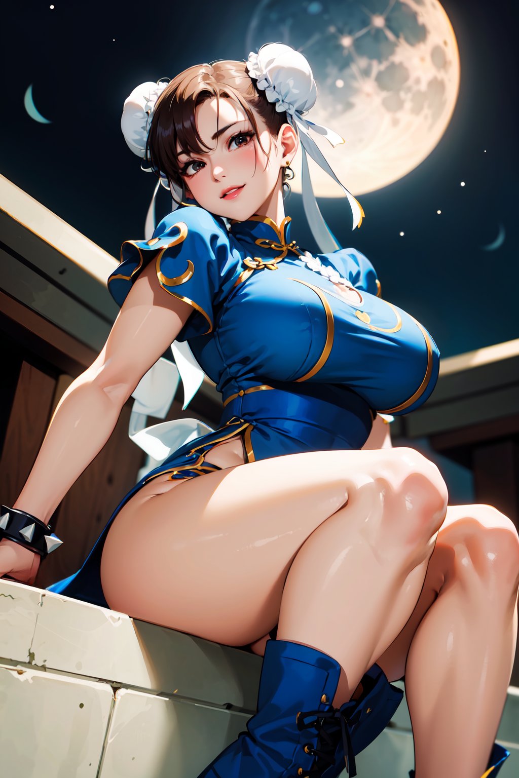 1girls, ai generated, blue dress, bracelet, breasts, brown eyes, brown hair, capcom, chun-li, curvaceous, curvy body, curvy female, female, female focus, huge breasts, looking at viewer, looking down, moon, night, solo, solo female, solo focus, stable diffusion, street fighter, thick thighs, voluptuous, voluptuous female
