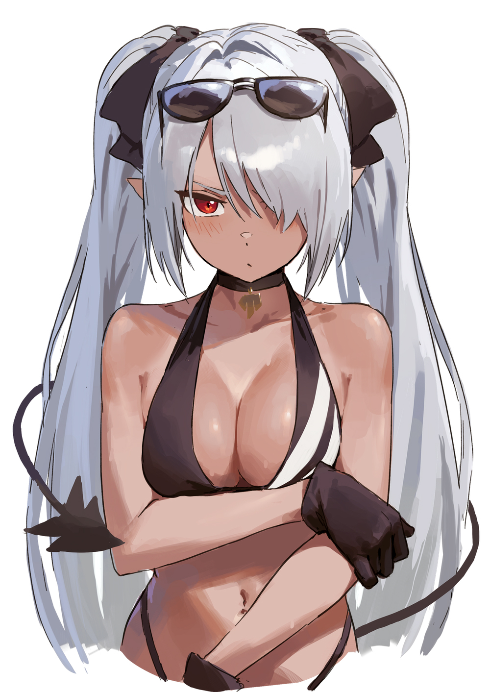 1girls bare_arms bare_shoulders bikini black_bikini blue_archive blush breast_press breasts brown_skin choker cleavage dark-skinned_female dark_skin demon_tail eyewear_on_head female gehenna_academy_student gloves hair_over_one_eye highleg highleg_swimsuit iori_(blue_archive) iori_(swimsuit)_(blue_archive) kinta_(distortion) medium_breasts midriff pendant pendant_choker pointy_ears prefect_team_(blue_archive) red_eyes solo sunglasses sunglasses_on_head swimsuit tail twintails white_hair