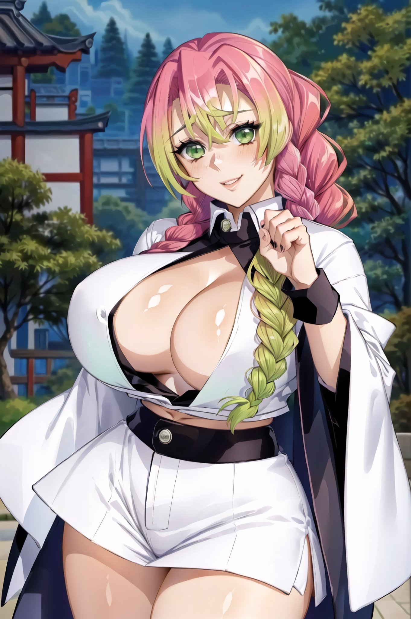 1girls, ai generated, breasts, curvaceous, curvy body, curvy female, curvy figure, demon slayer, female, female focus, green eyes, hi res, huge breasts, kanroji mitsuri, kimetsu no yaiba, kimono, looking at viewer, pink hair, school uniform, seductive look, skirt, solo female, solo focus, stable diffusion, voluptuous female