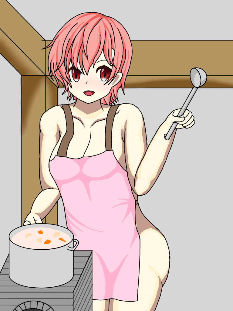 1girls apron ass bare_arms bare_shoulders bare_thighs breasts cleavage collarbone cooking cooking_pot est_(fire_emblem) female female_only fire_emblem fire_emblem:_mystery_of_the_emblem fire_emblem:_shadow_dragon_and_the_blade_of_light food indoors kenchu kitchen ladle medium_breasts naked_apron nintendo nude nude_female open_mouth pink_hair red_eyes short_hair shoulders smile solo soup stove thighs