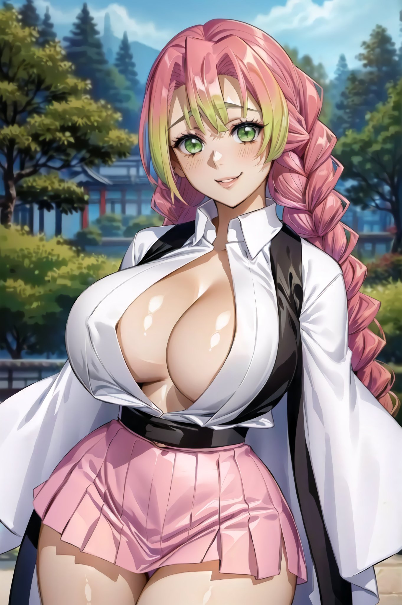 1girls, ai generated, breasts, curvaceous, curvy body, curvy female, demon slayer, female, female focus, female only, green eyes, hi res, huge breasts, kanroji mitsuri, kimetsu no yaiba, kimono, looking at viewer, pink hair, school uniform, seductive eyes, skirt, solo female, solo focus, stable diffusion