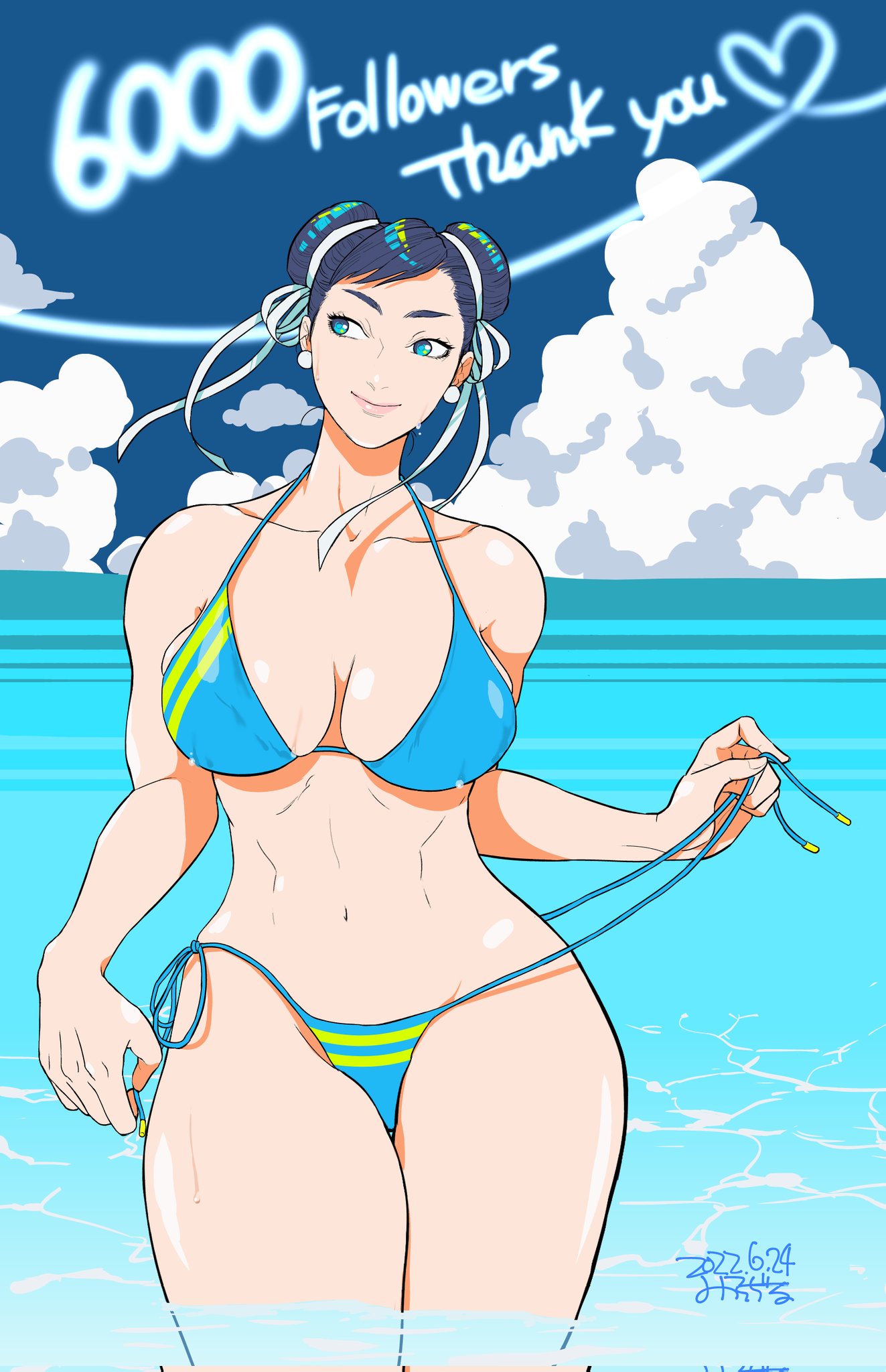 1girls 2022 artist_name beach big_breasts bikini blue_eyes blue_hair breasts busty capcom chun-li cleavage double_bun female female_only hair_bun large_breasts legs milestone_celebration misodiru navel ocean pink_lips smile solo street_fighter swimsuit teasing thick_thighs thighs undressing untied untied_bikini untying voluptuous water