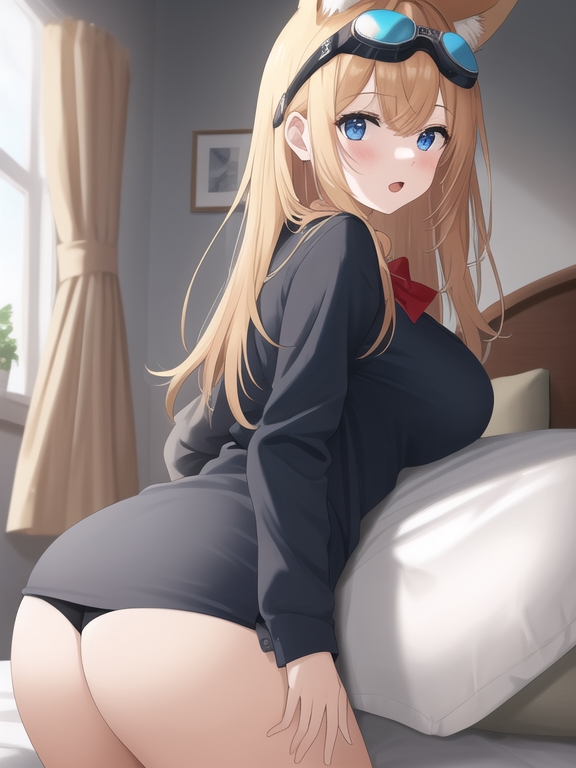 1girls ai_generated bed bedroom big_butt black_panties black_uniform blonde_hair blue_eyes blush breasts female female_only focus_on_ass fox_ears fox_girl goggles_on_head open_mouth pillows pointy_chin red_bowtie shadow touching_butt window window_light