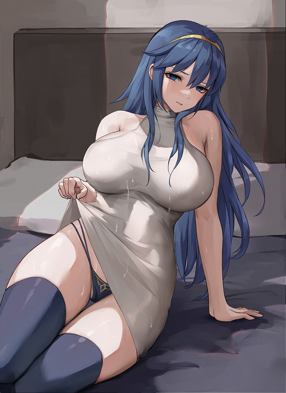 1girls, alternate breast size, arm support, bare arms, bare shoulders, black panties, black thighhighs, blue eyes, blue hair, breasts, chihunhentai, clothes lift, curvy, dress, dress lift, female, female only, fire emblem, fire emblem awakening, gold hairband, hairband, highres, indoors, large breasts, lifted by self, long hair, looking at viewer, lucina (fire emblem), nintendo, on bed, panties, revision, sidelocks, sitting, sleeveless, smile, solo, sweat, thighhighs, thighs, tiara, underwear, upskirt