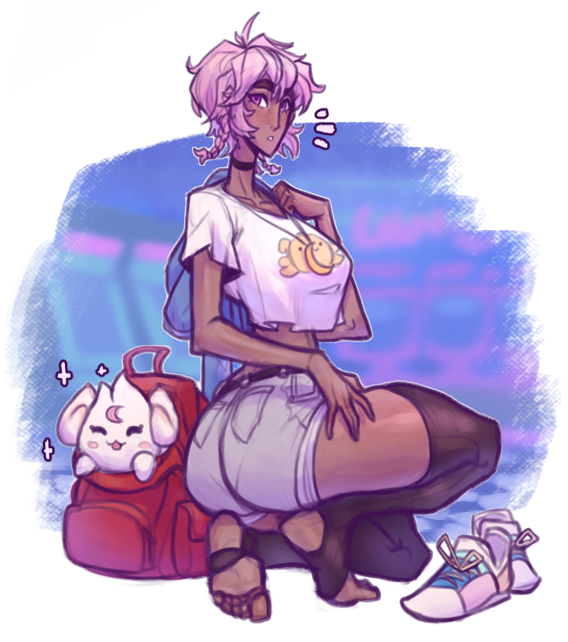 2023 ass barefoot big_breasts big_butt braid choker clothed clothing crop_top_overhang crysskail dark-skinned_female dark_skin feet hand_on_thigh kneeling league_of_legends looking_at_viewer looking_back necklace pink_eyes pink_hair riot_games shirt shoes_removed short_hair shorts star_guardian_series star_guardian_taliyah stirrup_legwear stirrup_stockings taliyah thick_eyebrows thick_thighs toeless_legwear