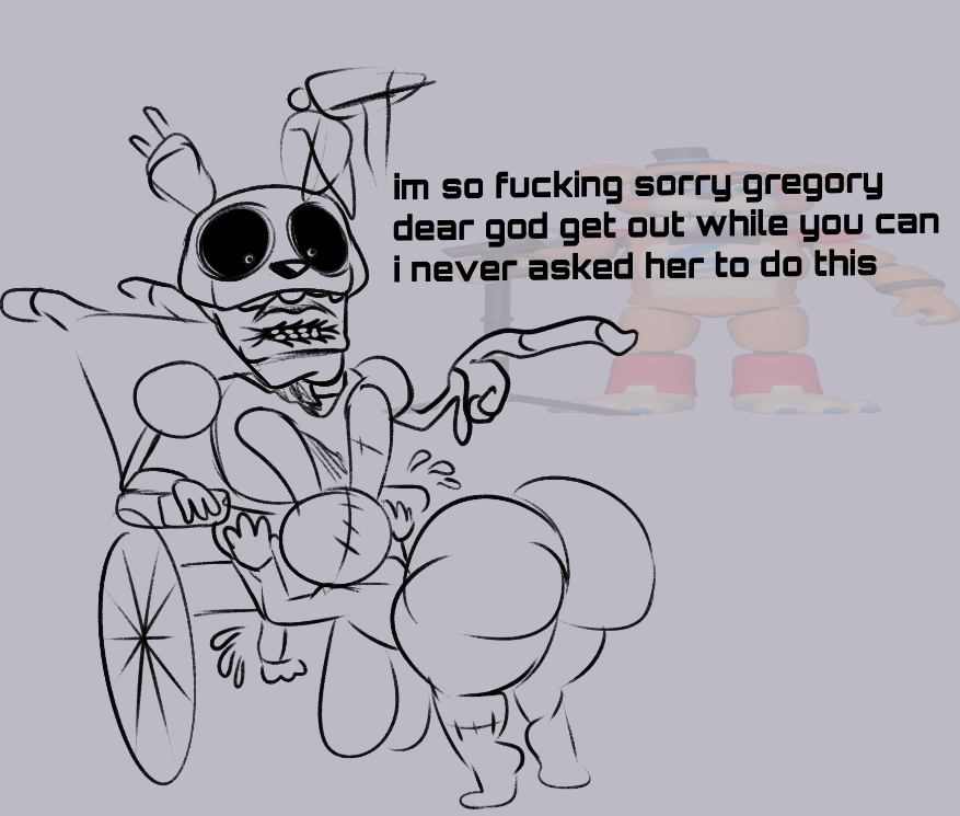 1girls ass behind_view breasts burntrap fellatio female five_nights_at_freddy's funny glamrock_freddy glamrock_freddy_(fnaf) large_breasts male_focus meme pierump sagging_breasts shitpost sketch straight vanny vanny_(fnaf) wheelchair william_afton