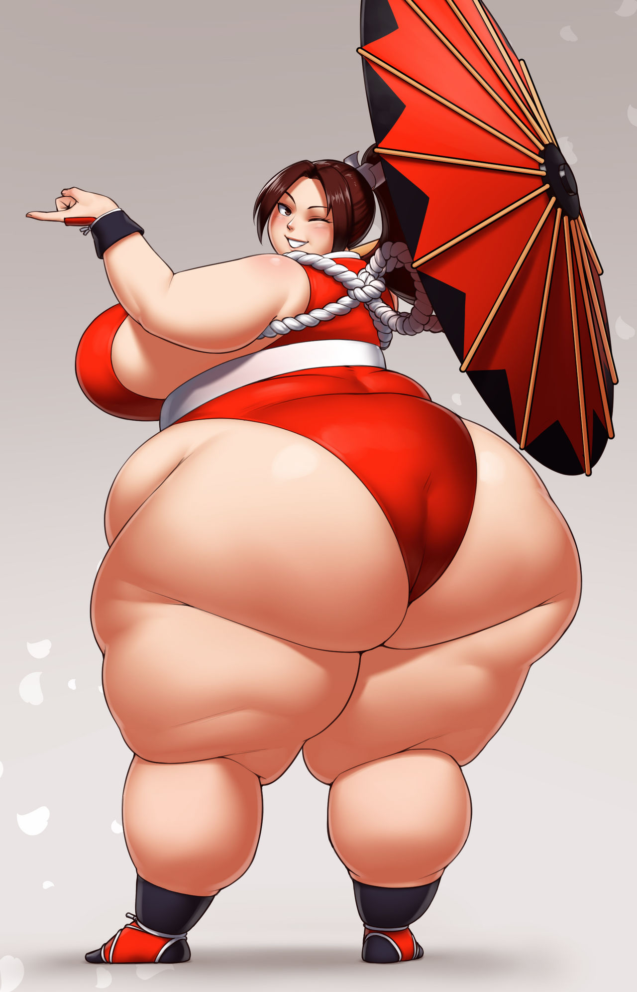 1girls, 2023, ass, ass focus, back view, bbw, belly, better with salt, big ass, big belly, big breasts, big butt, blush, blush lines, breasts, breasts bigger than head, brown eyes, brown hair, chubby, chubby female, clothed, clothing, curvaceous, curvy, fatal fury, female, female only, footwear, grey background, holding object, huge ass, huge breasts, huge butt, japanese clothes, jpeg artifacts, king of fighters, kunoichi, large breasts, light skin, light-skinned female, long hair, looking at viewer, mai shiranui, obese, obi, one eye closed, overweight, overweight female, ponytail, portrait, simple background, smile, smiling, smiling at viewer, solo, solo female, solo focus, tabi, thick, thick legs, thick thighs, thighs, tied hair, umbrella, voluptuous, white background, wide hips, wink, wristwear