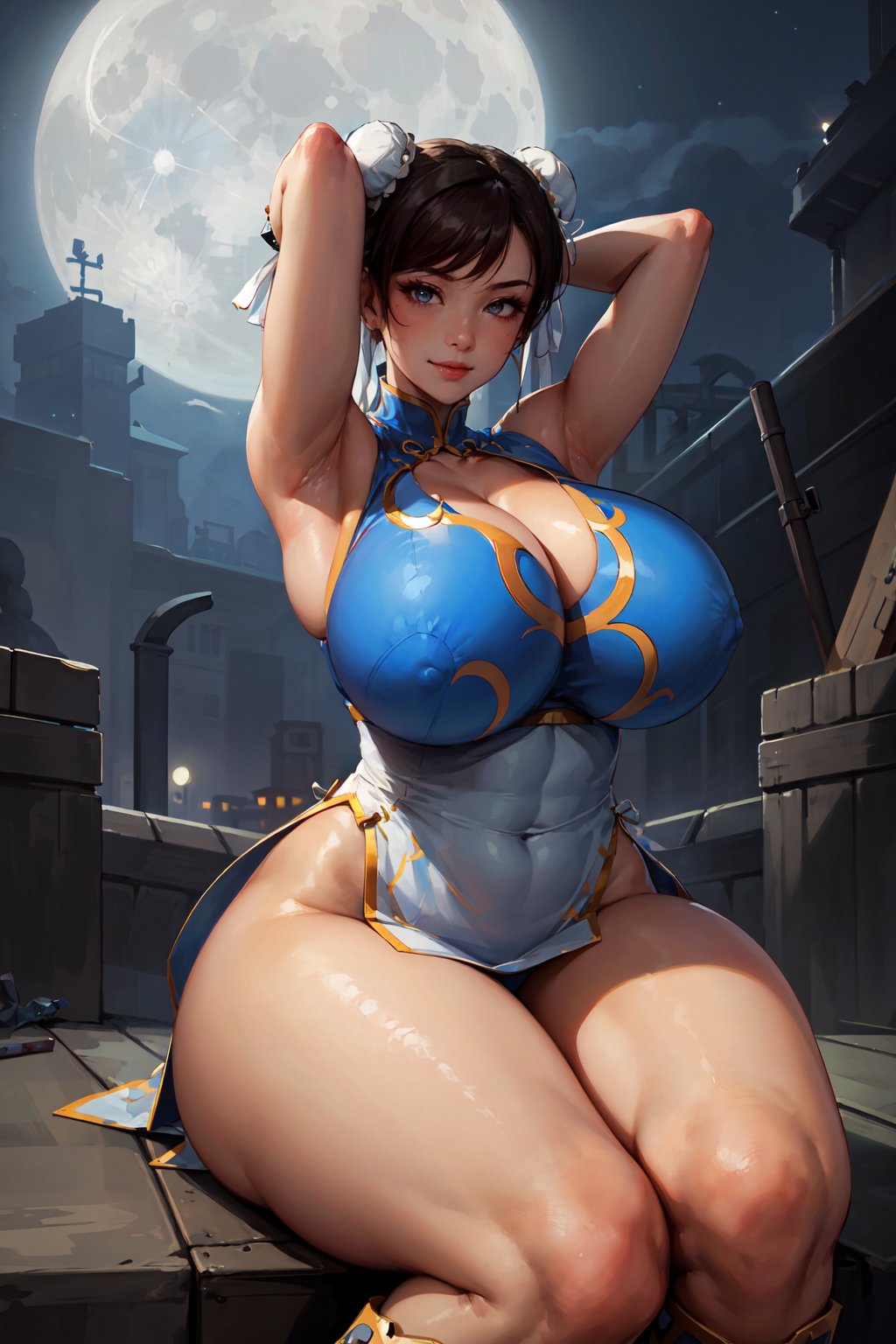 1girls, ai generated, asian female, blue eyes, breasts, brown hair, capcom, chun-li, curvaceous, curvy body, curvy figure, female, female focus, female only, huge breasts, mature female, solo female, solo focus, stable diffusion, street fighter, thick thighs, voluptuous, voluptuous female