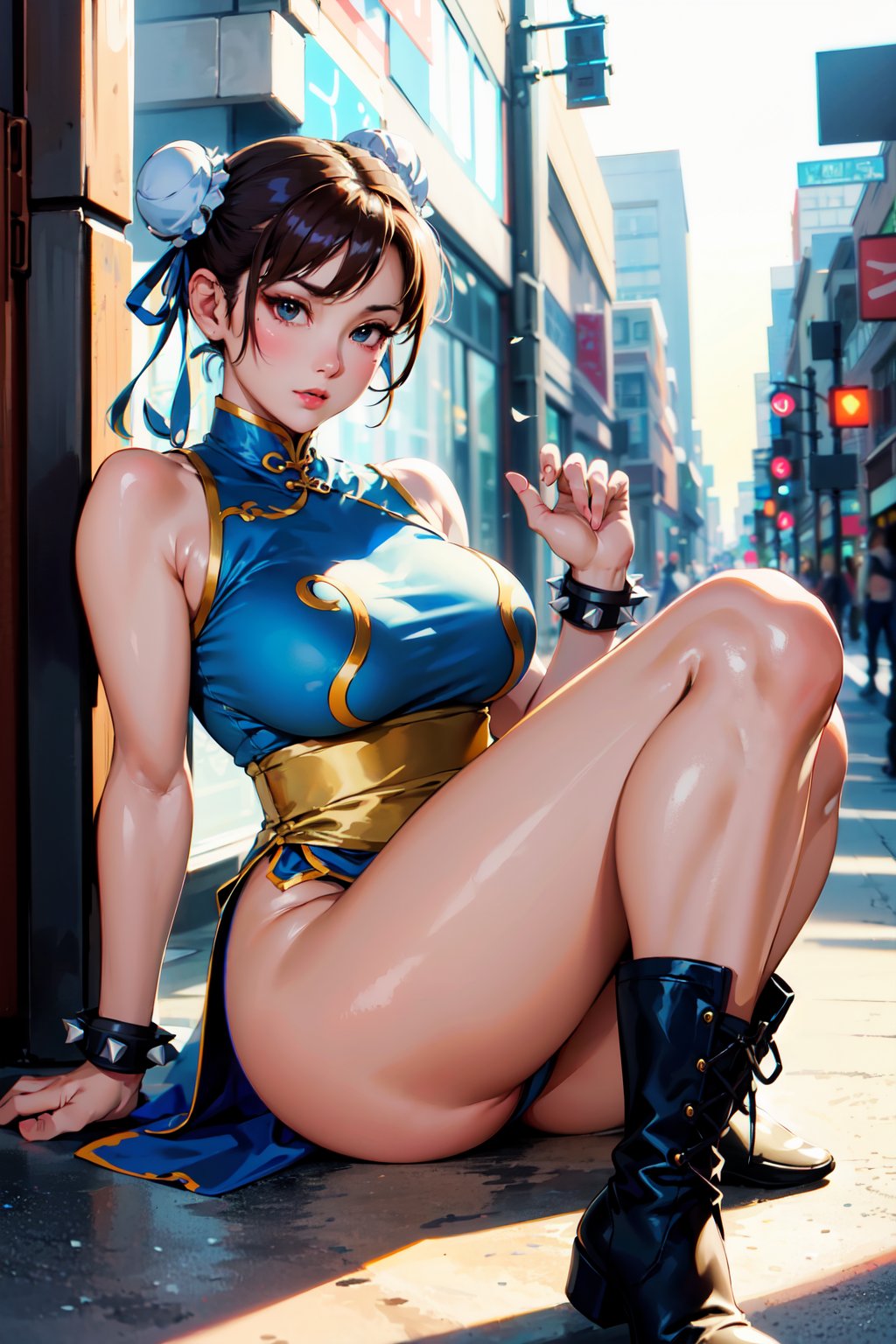 1girls, ai generated, asian female, blue eyes, brown hair, chinese clothes, chun-li, curvy body, curvy figure, female, female focus, looking at viewer, solo, solo focus, stable diffusion, street fighter, voluptuous, voluptuous female
